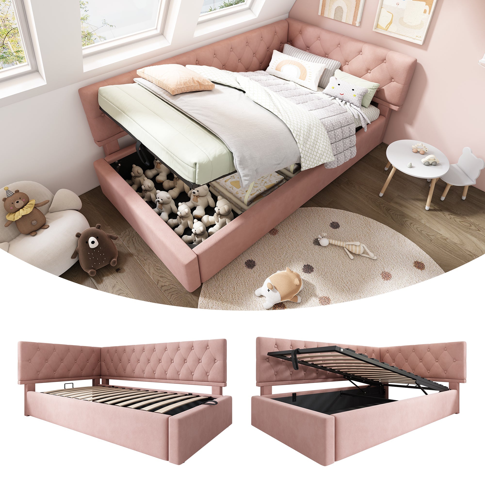 Upholstered Bed Day Bed 90x200cm Sofa Bed with Hydraulic Storage Space, Velvet, Pink