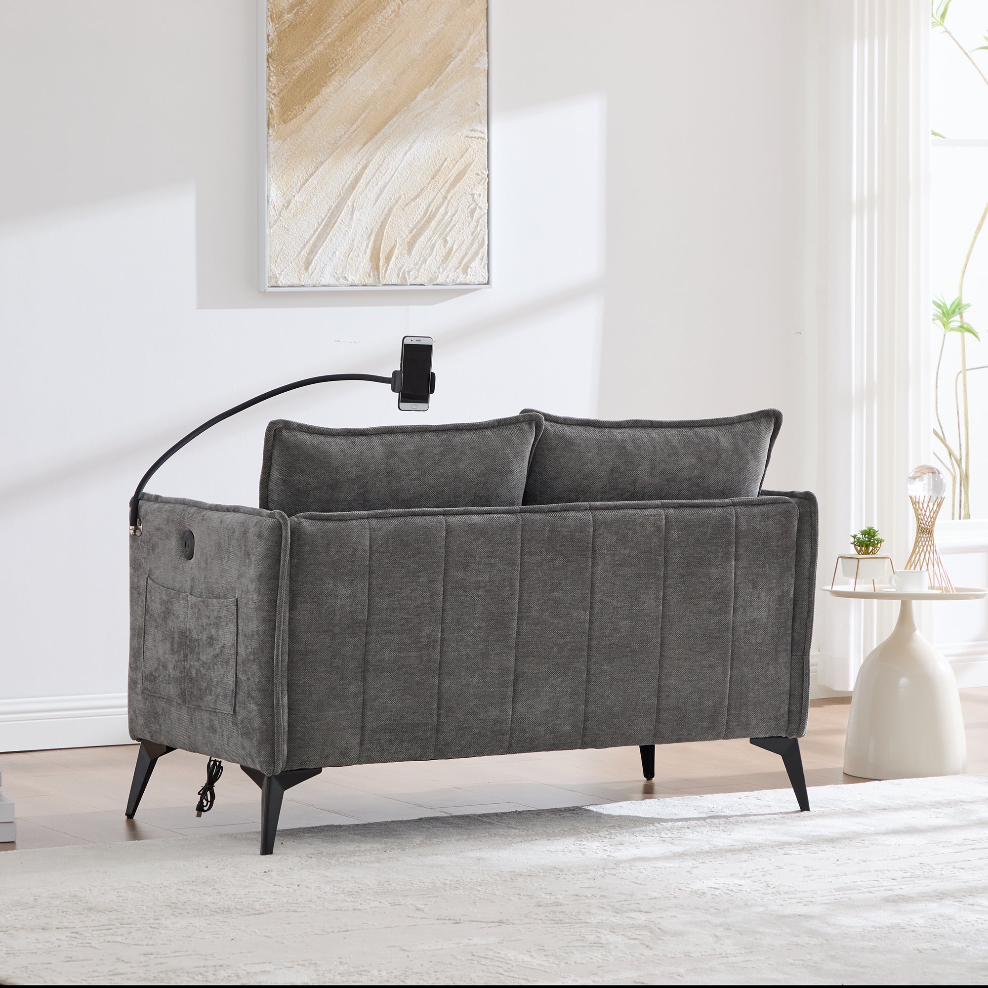 Modern Double Sofa, Small Fabric Armchair with Storage Side Pocket & Adjustable Phone Holder, Fabric