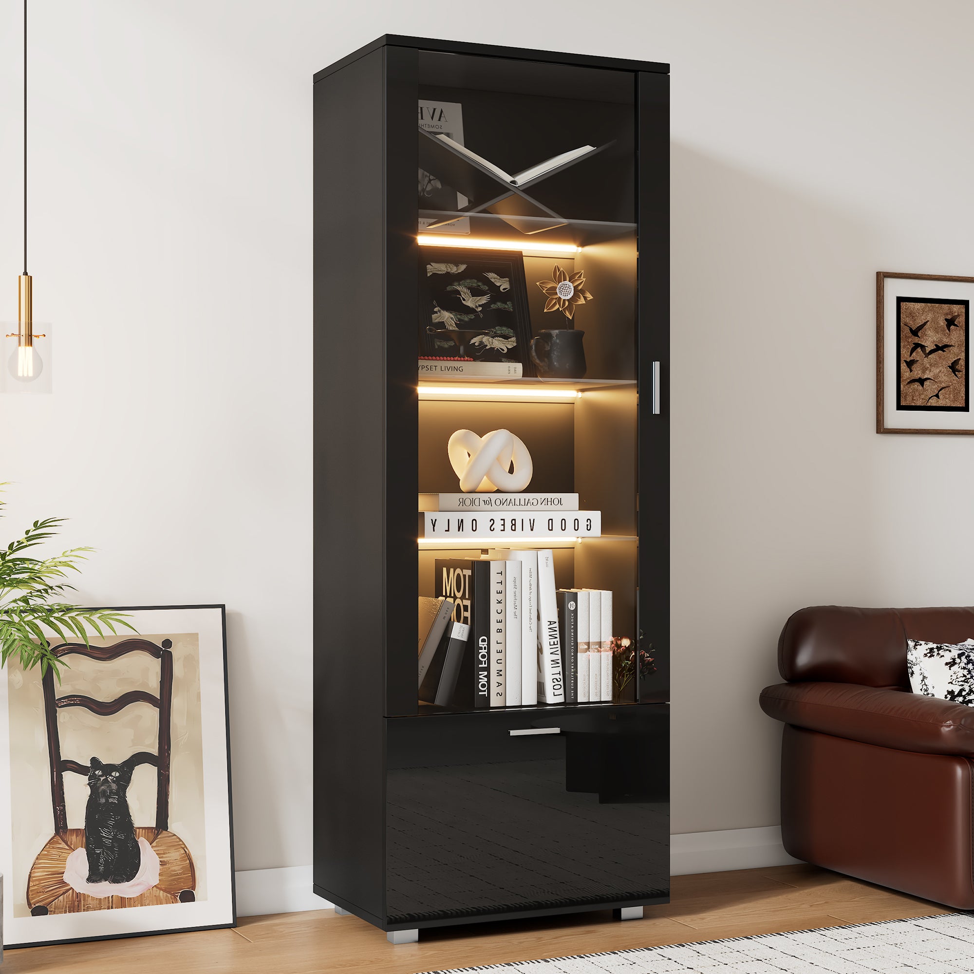 Display Cabinet, LED-Lit Glass with 3 Shelves for Collectibles, Black High-Gloss