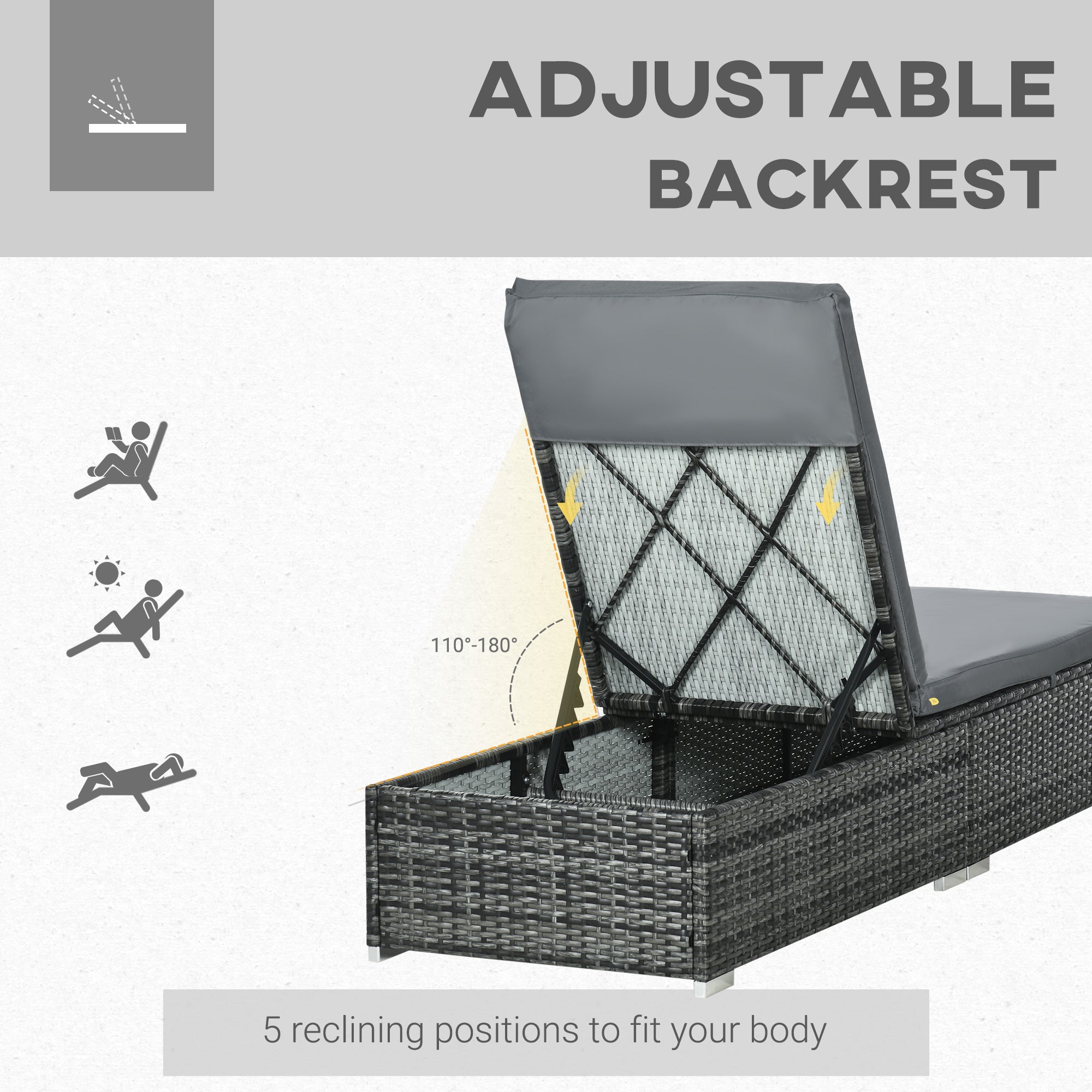 PE Rattan Sun Lounger, Five-level Adjustable Recliner with Padded Cushion, Mixed Grey