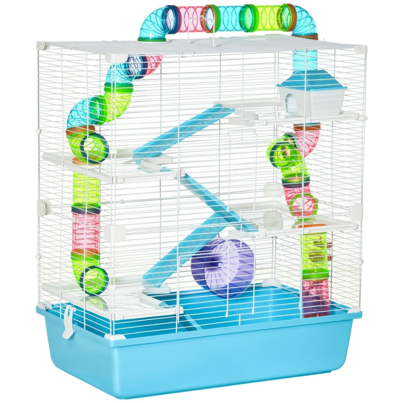 Hamster Cage with Water Bottle, Exercise Wheel, Tubes, Ramps - Light Blue