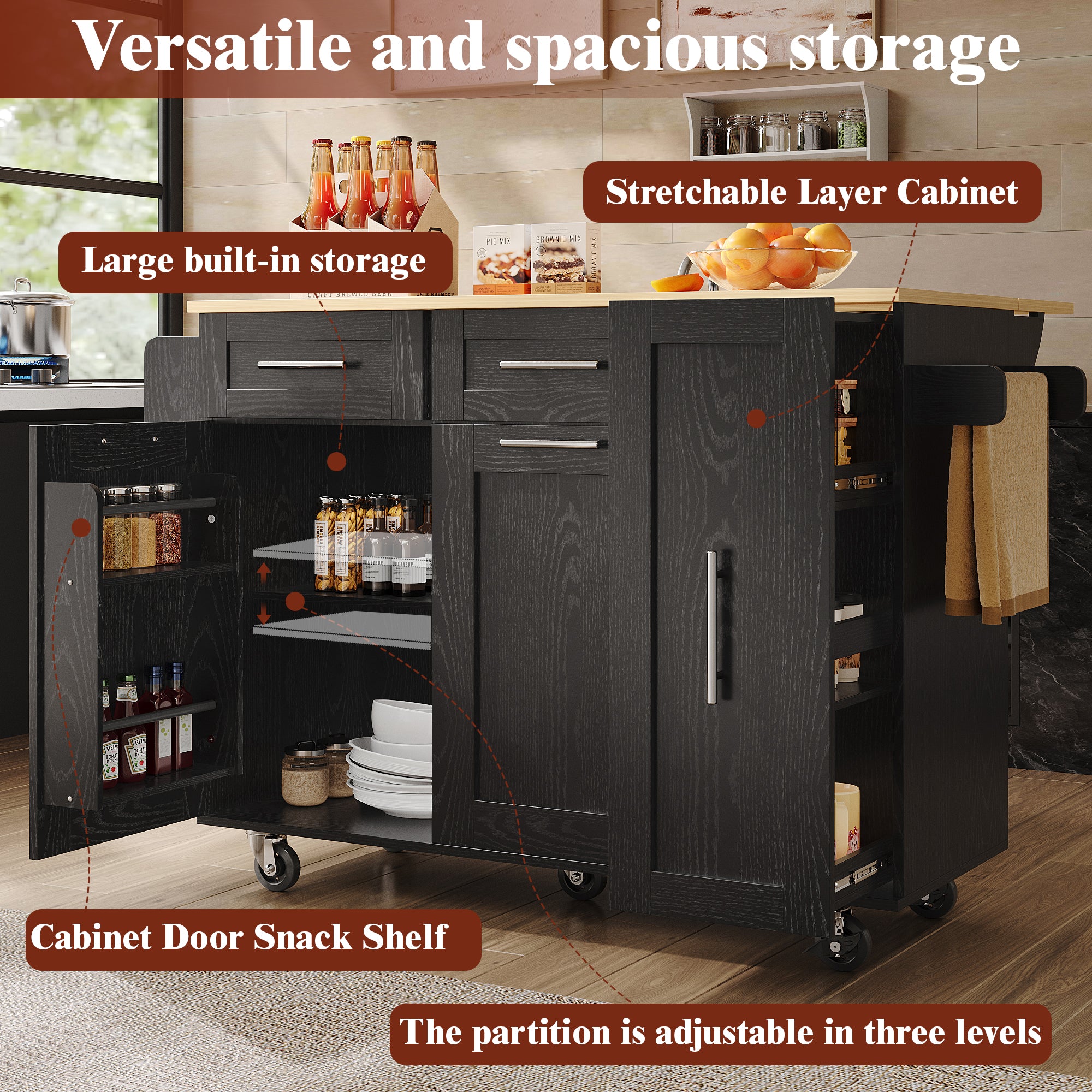 Mobile Kitchen Island Dining Table Extendable Storage - Wood Grain Black