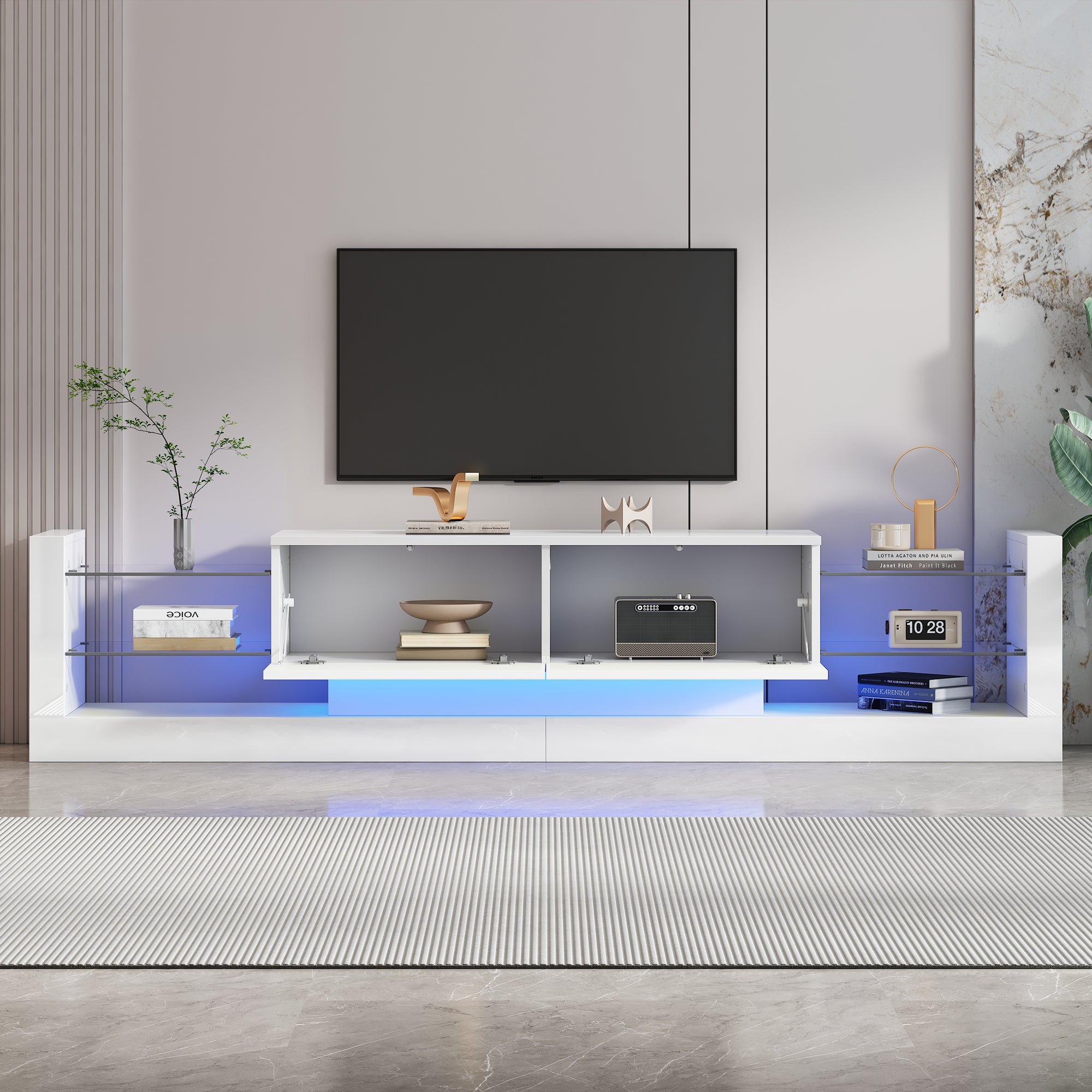 High-Gloss TV Cabinet, 181cm LED Lit, 80-inch Capacity with Glass Front and Two Folding Drawers
