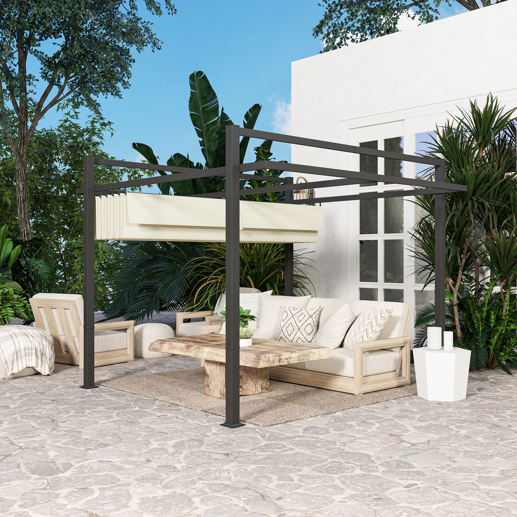 Aluminium Pergola, 3 x 3m with Retractable Roof - Grey/Khaki