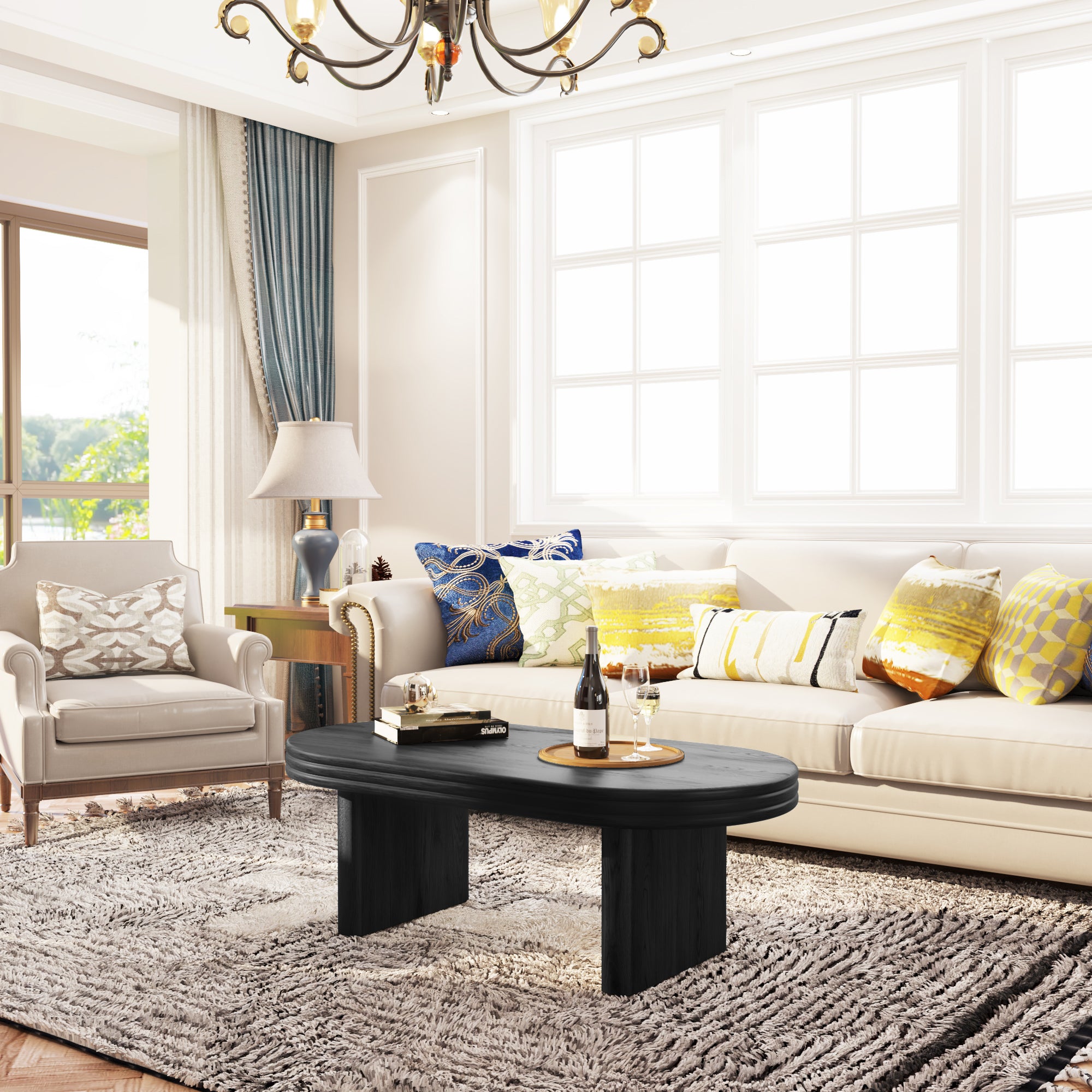 Mid Century Modern Oval Fluted Coffee Table Rustic Wood - Black