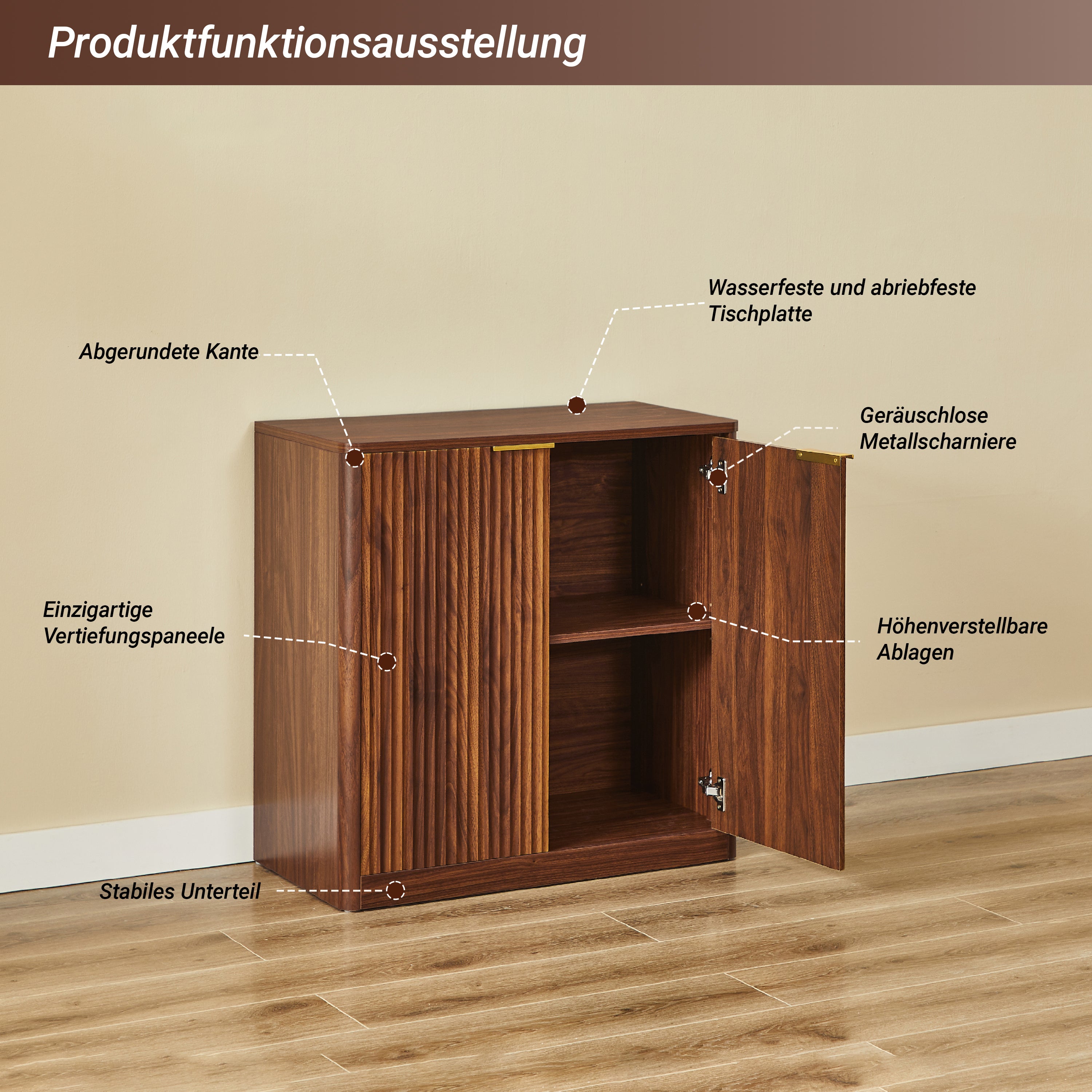 Modern Sideboard Recessed Panels Adjustable Shelves Waterproof Top 120x40x76cm - Brown