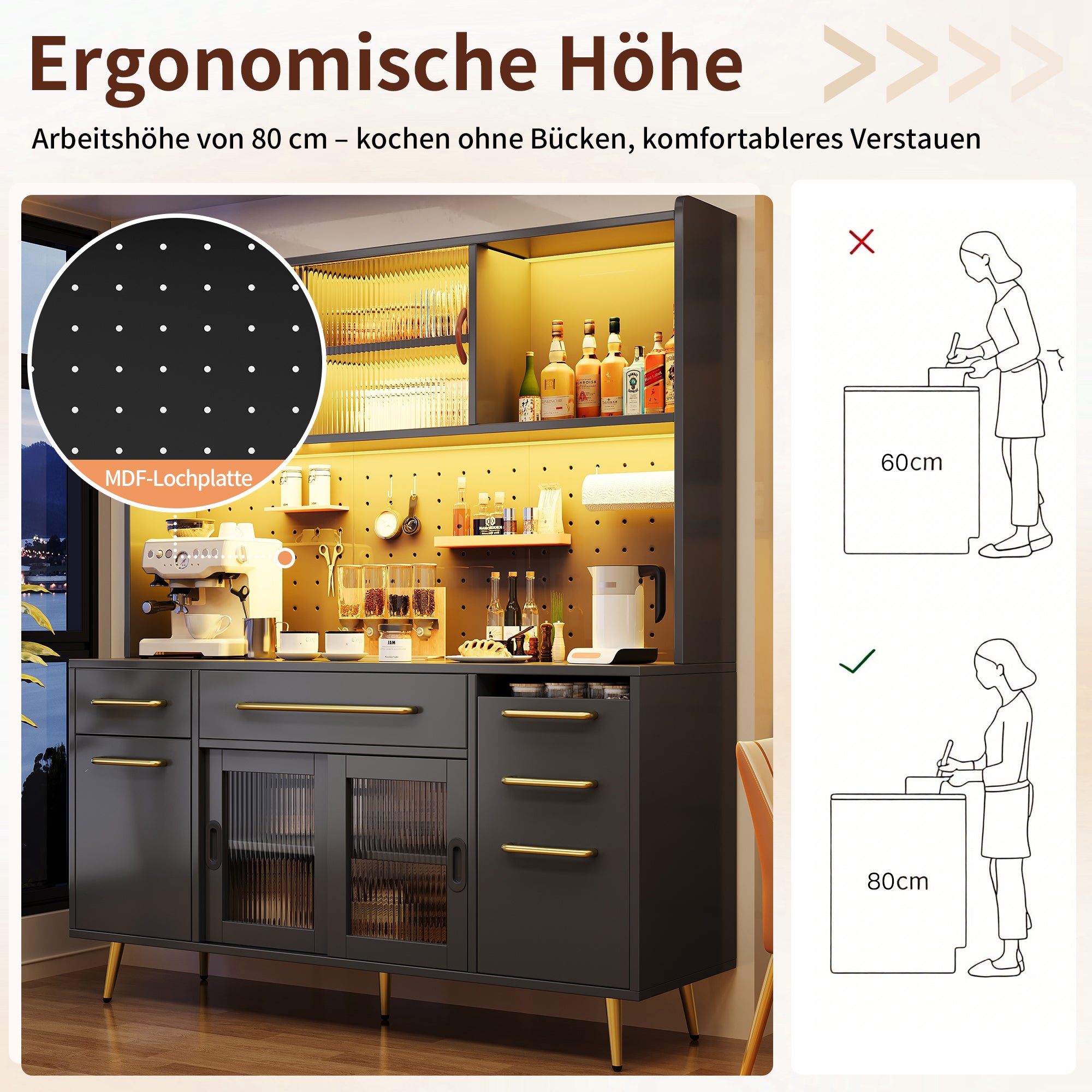 Modern Sideboard Tall Storage Cabinet with LED Lighting and Pegboard, Black