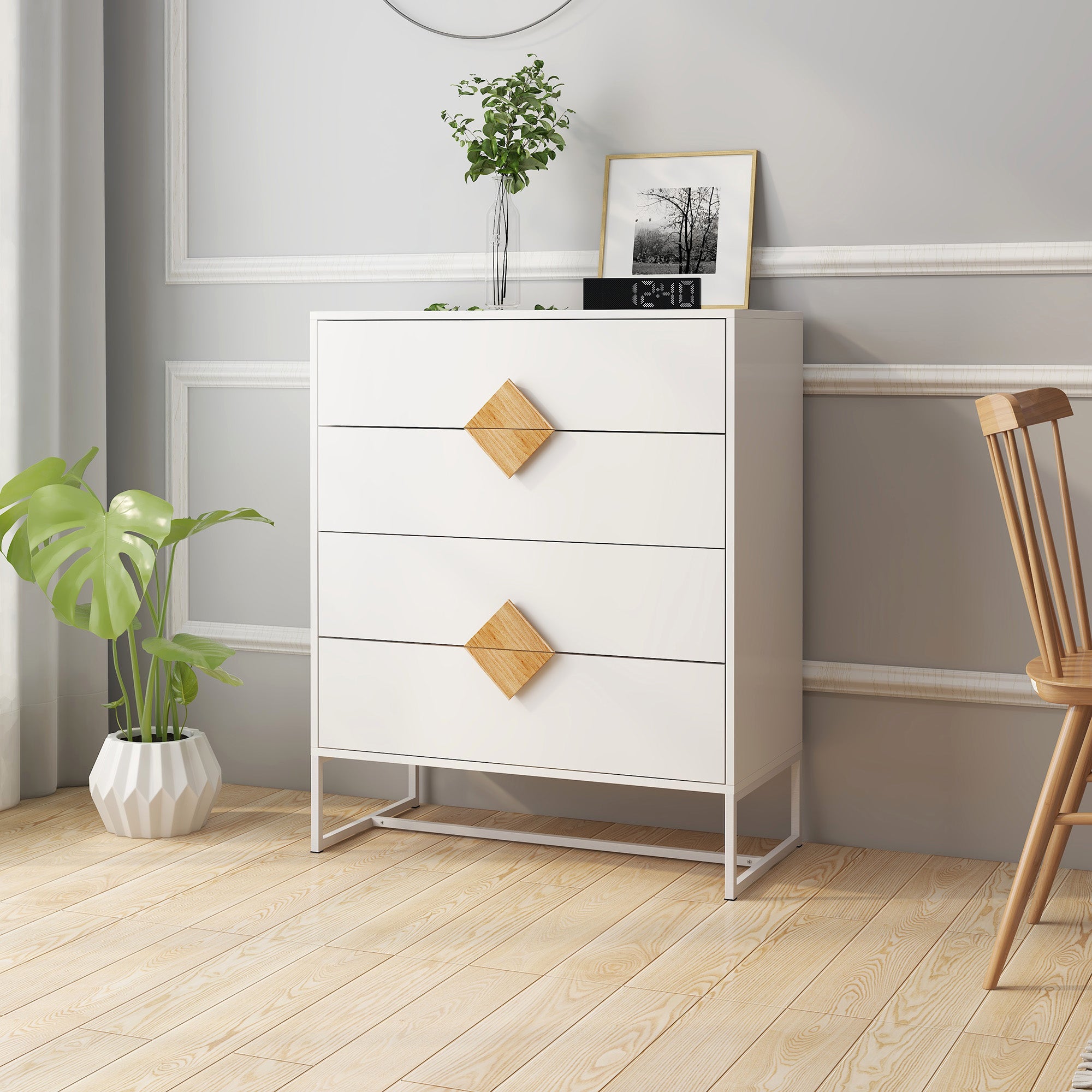 Solid Wood Dresser, 4 Drawers Special Shape Handle, Solid Wood