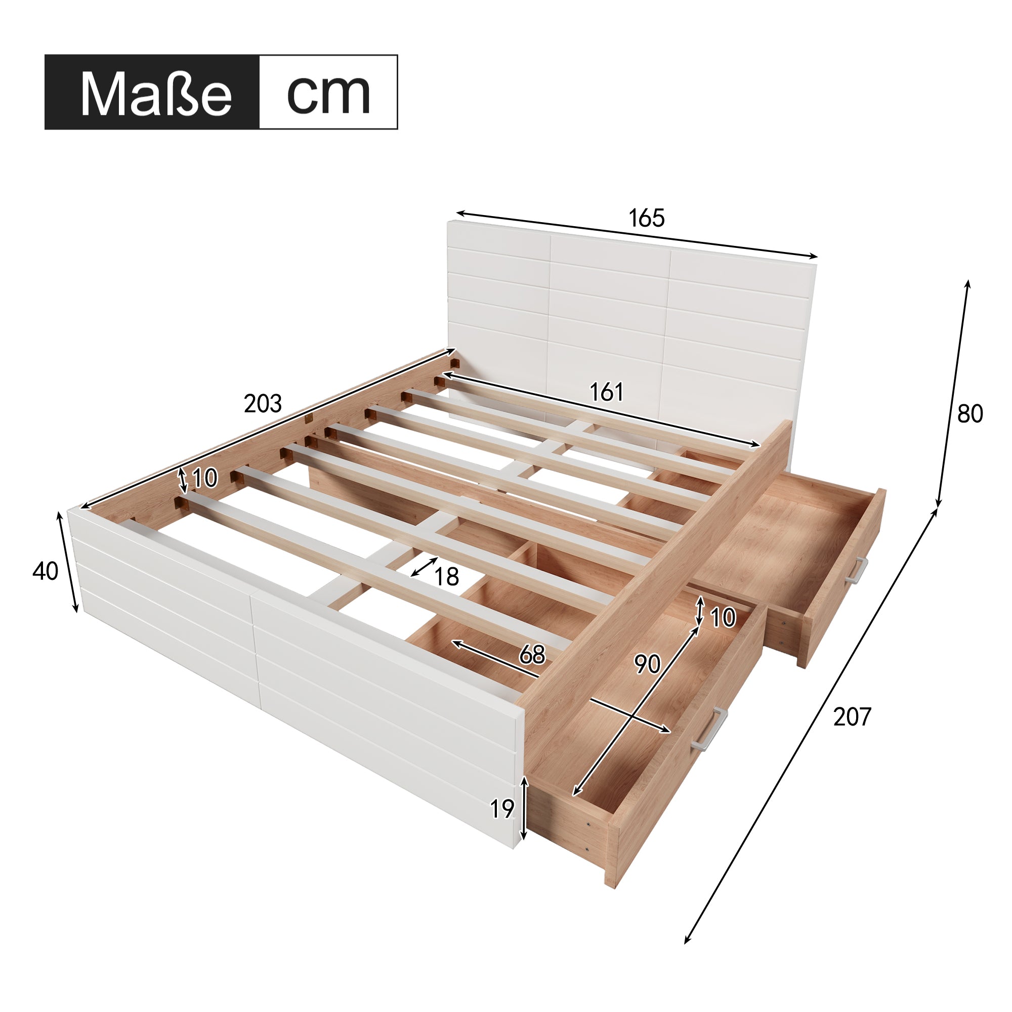 Double Wooden Bed, 160x200cm with 2 Drawers & Slatted Frame, Oak/White