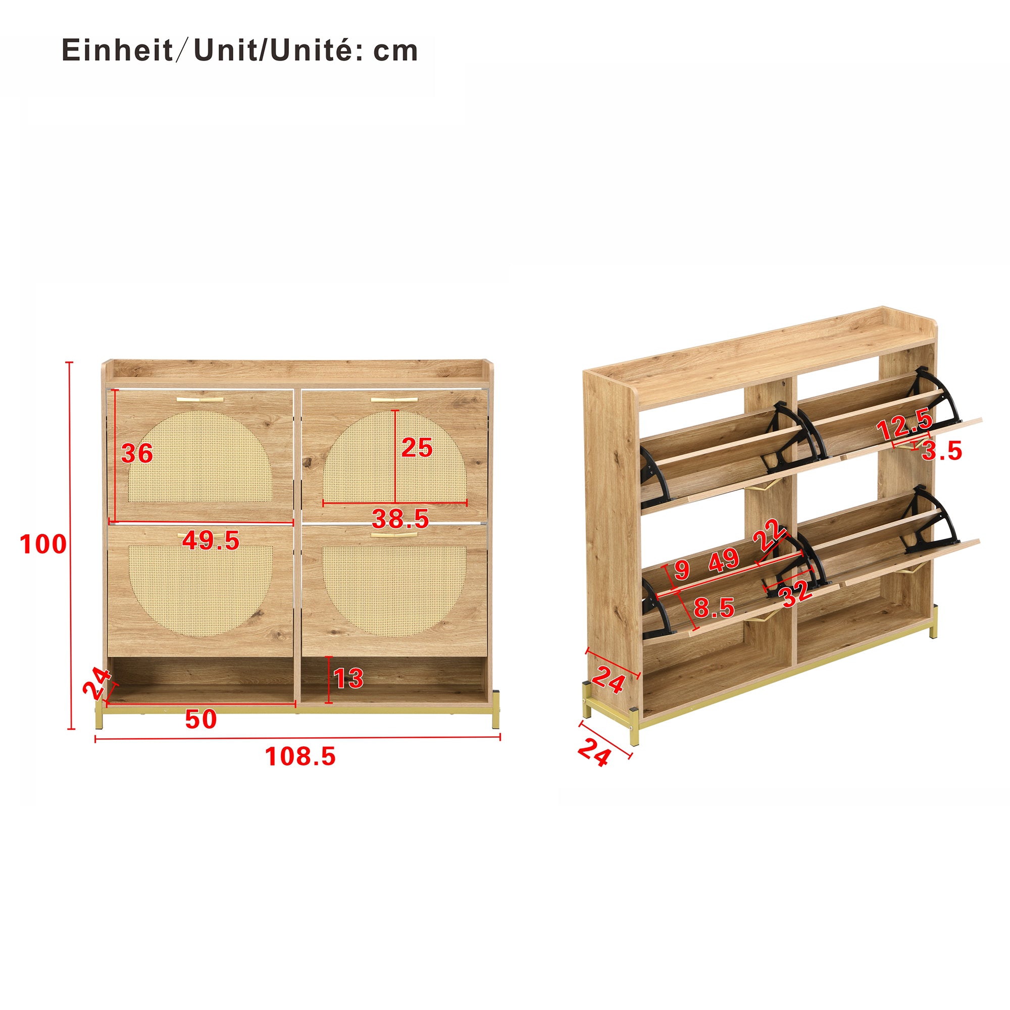 Elegant Shoe Cabinet 4 Doors Metal Frame Top Shelf Wooden Rattan