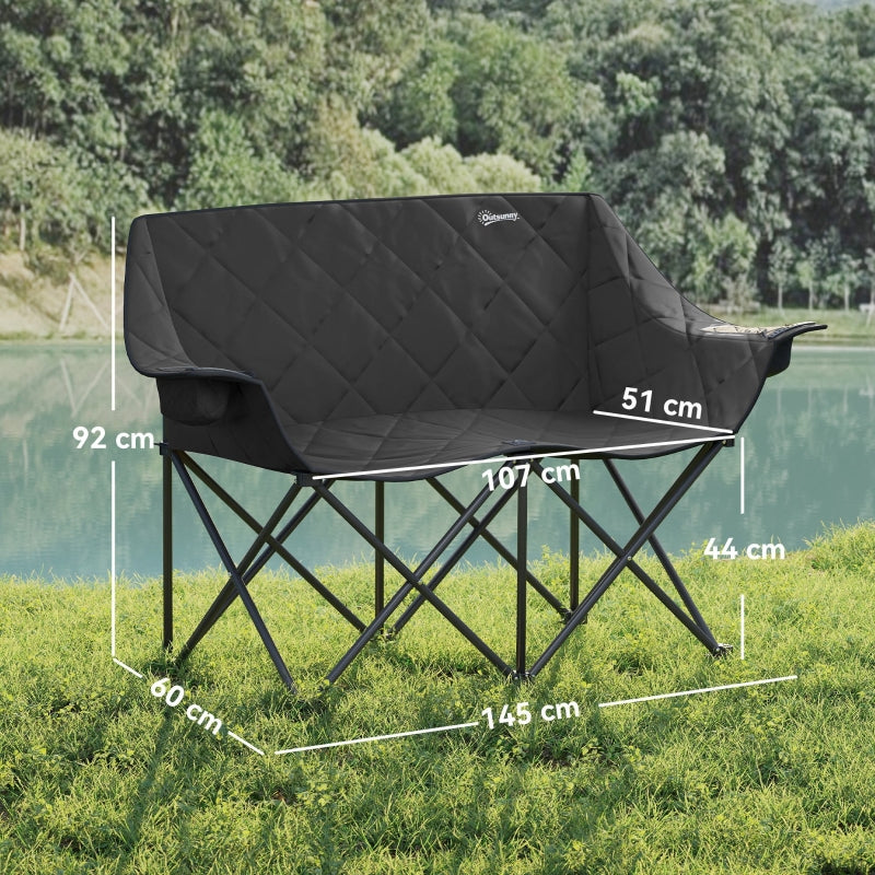 Folding Chair, 2-Seater Camping with Cooler Bags, 250 kg Load, Padded, Metal