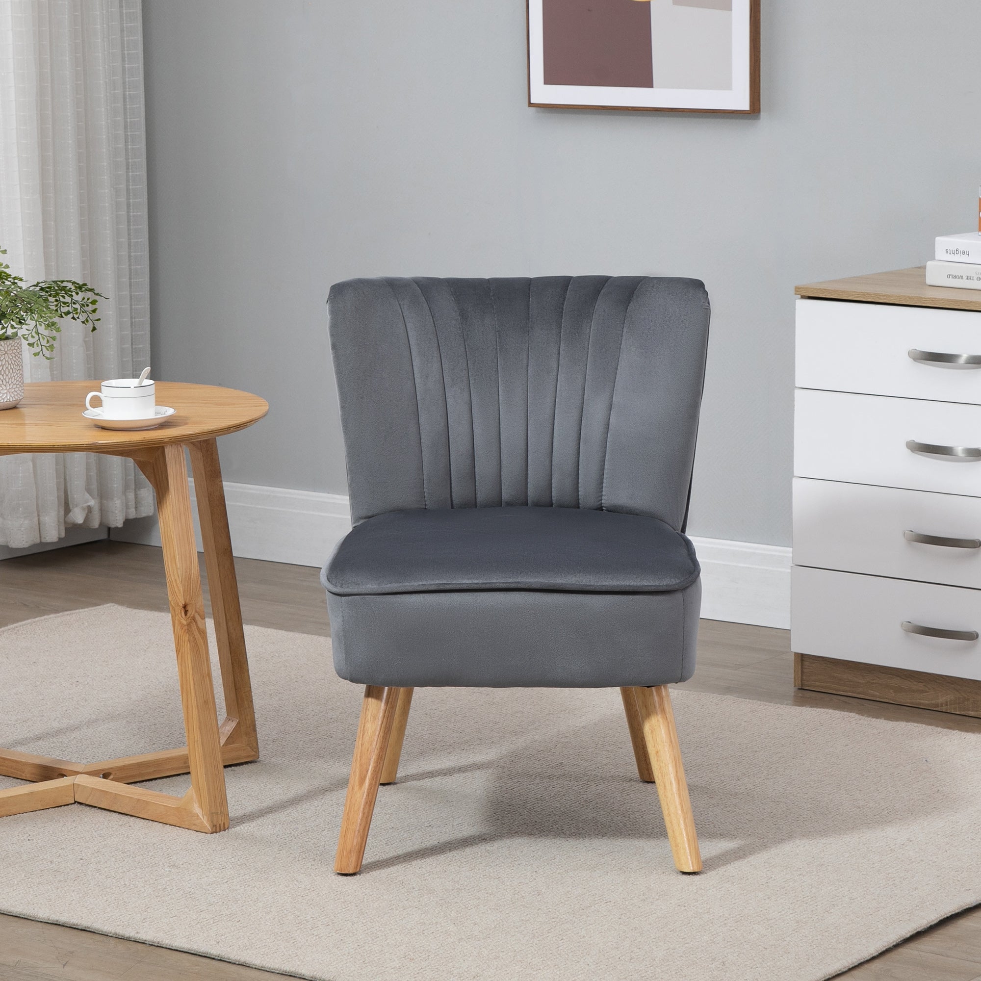 Modern Accent Chair, Fabric with Rubber Wood Legs, Grey