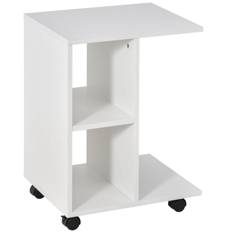 C-Shape End Table Freestanding Storage Unit with 2 Shelves and 4 Wheels, White