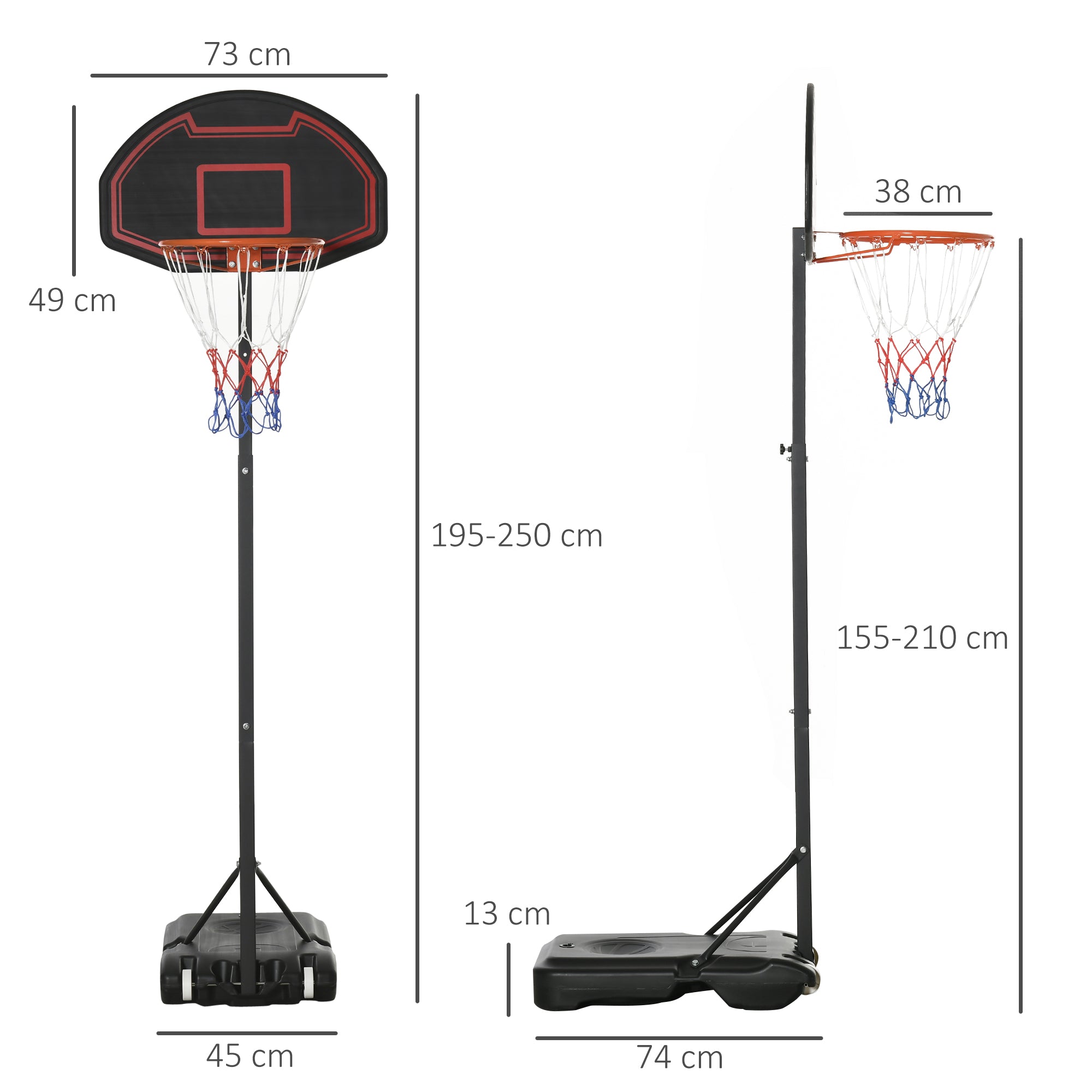 Basketball hoop with stand outdoor adjustable height 195-250cm with wheels