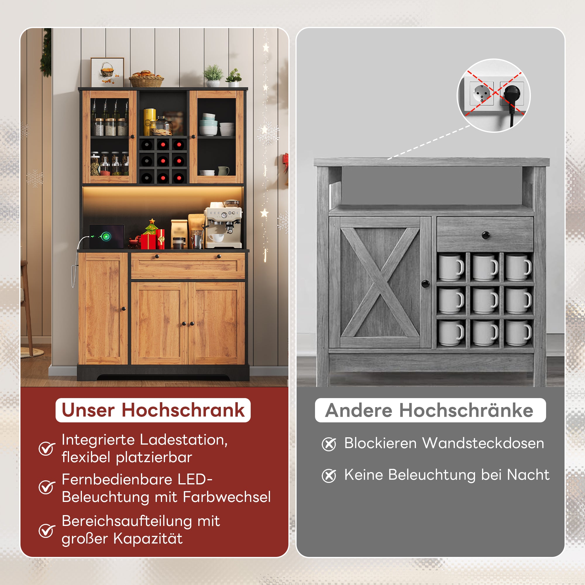 Tall Kitchen Storage Cabinet with LED Lighting and Power Outlet, White and Wood Look