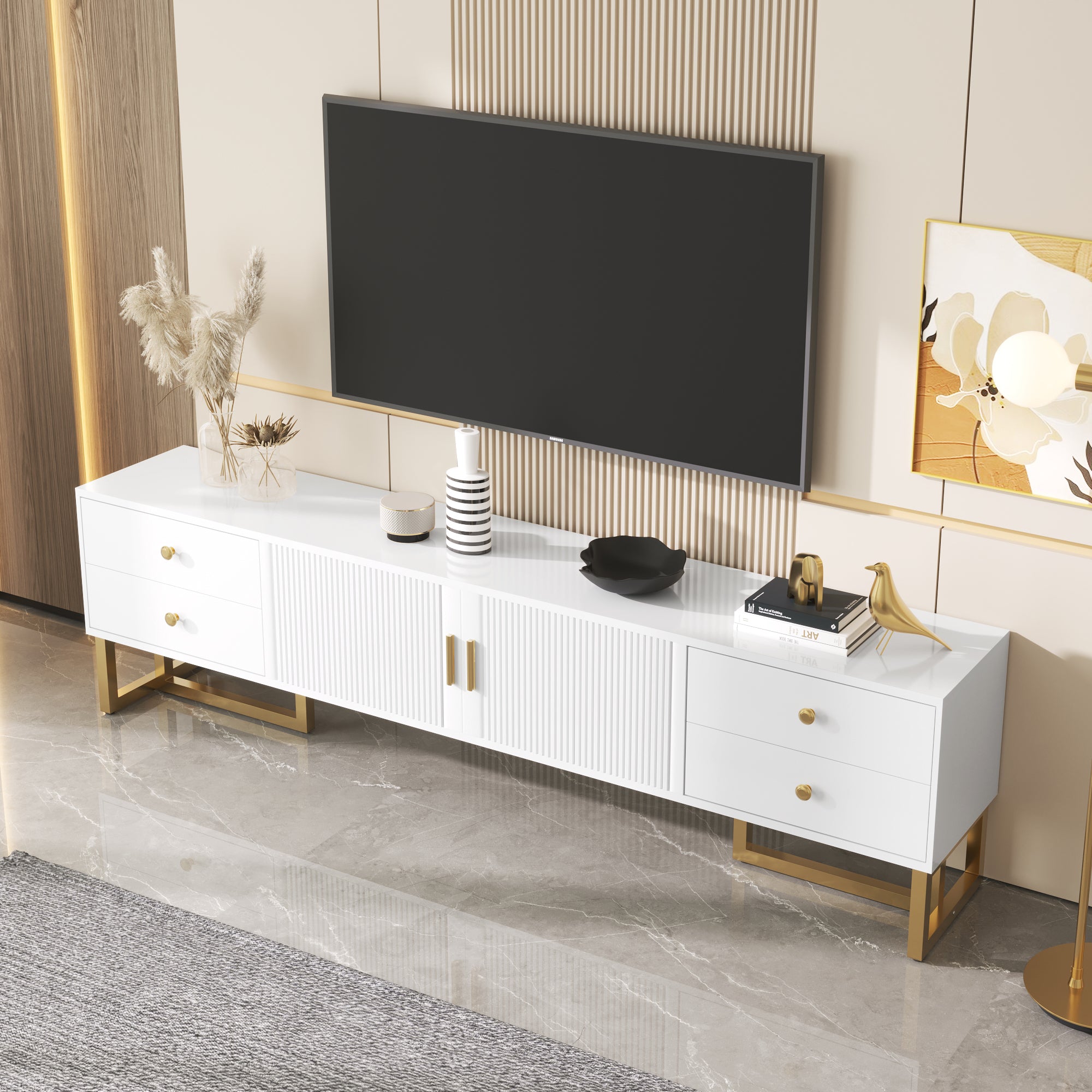 TV Cabinet, Low Panel with Textured Door & Drawers, Gold Handles & Feet