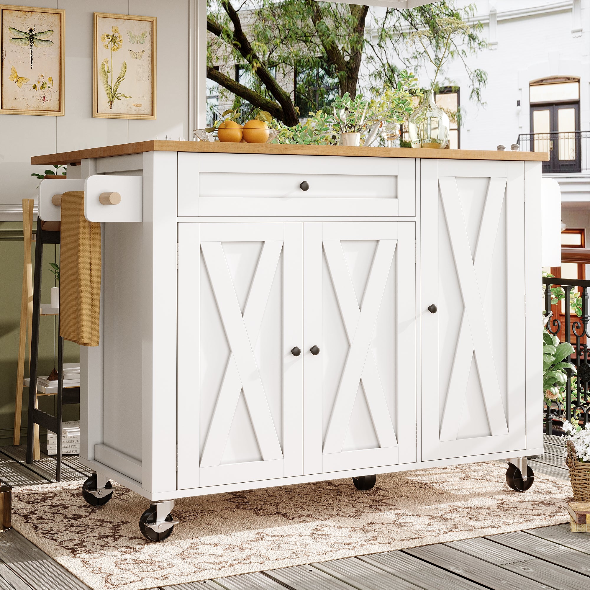 Mobile Kitchen Island with Foldable Table and Storage Drawers, White MDF