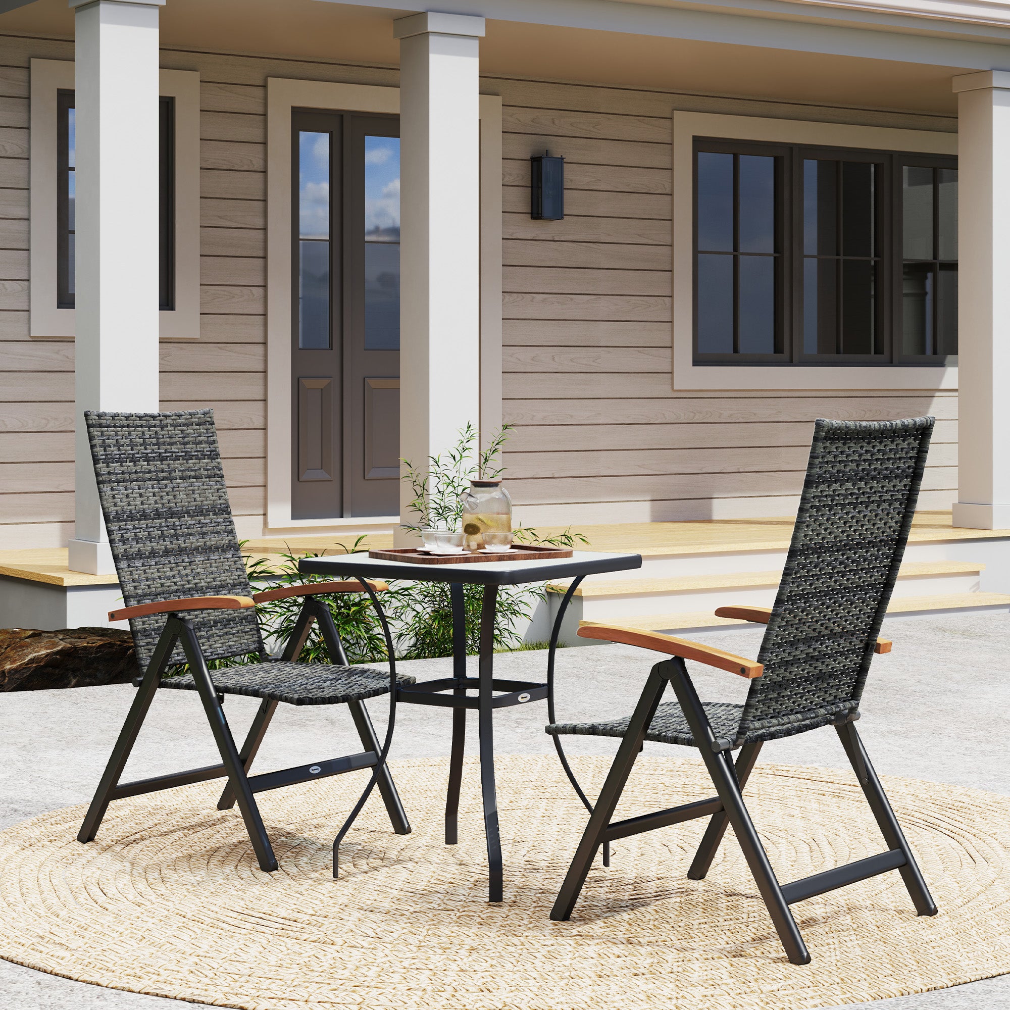 Folding Rattan Garden Dining Chairs Reclining High Back Wood Armrests Mixed-grey