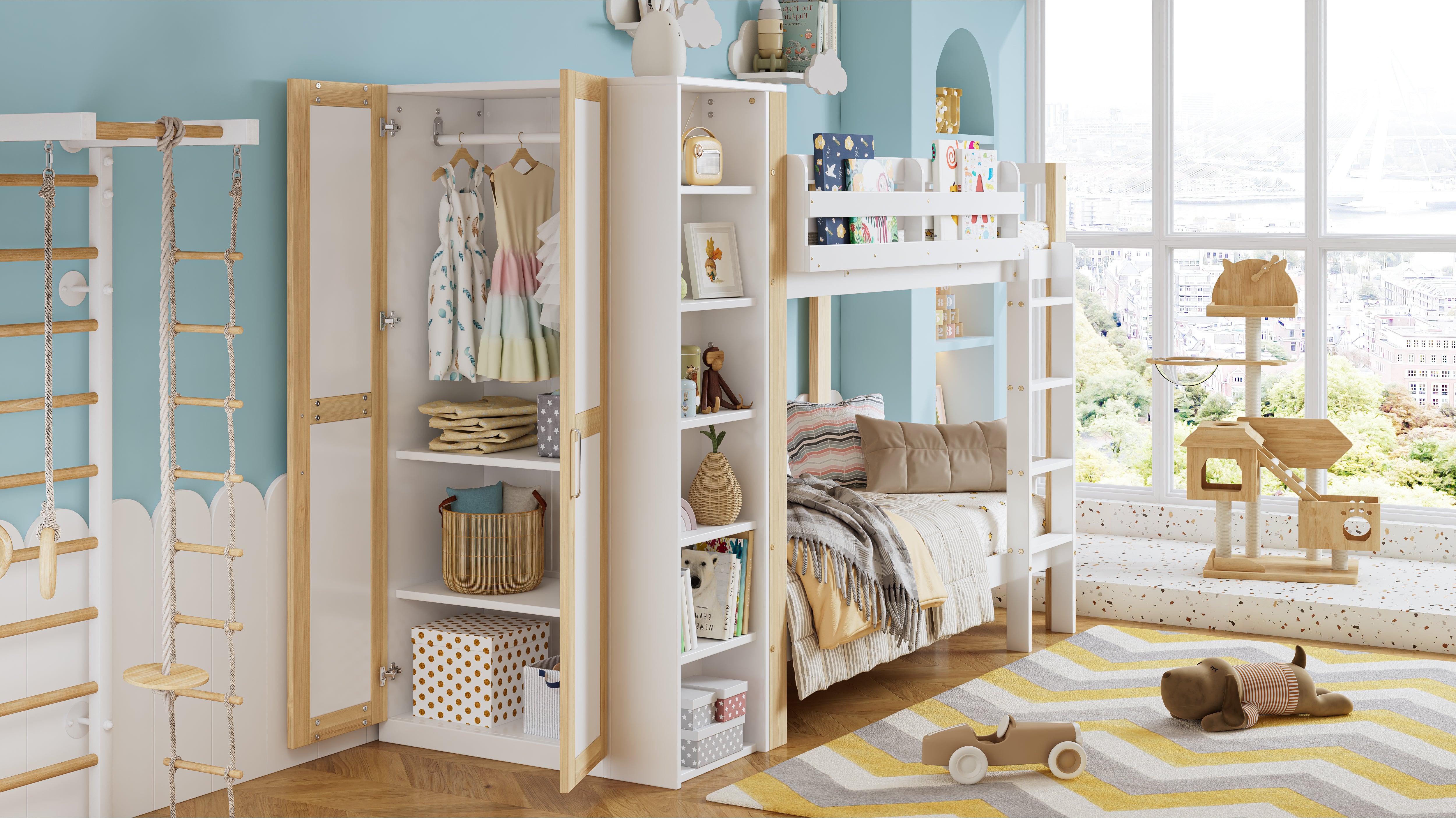 Bunk Bed, Child's with Ladder, Storage & Wardrobe, Pine+PB White+Natural