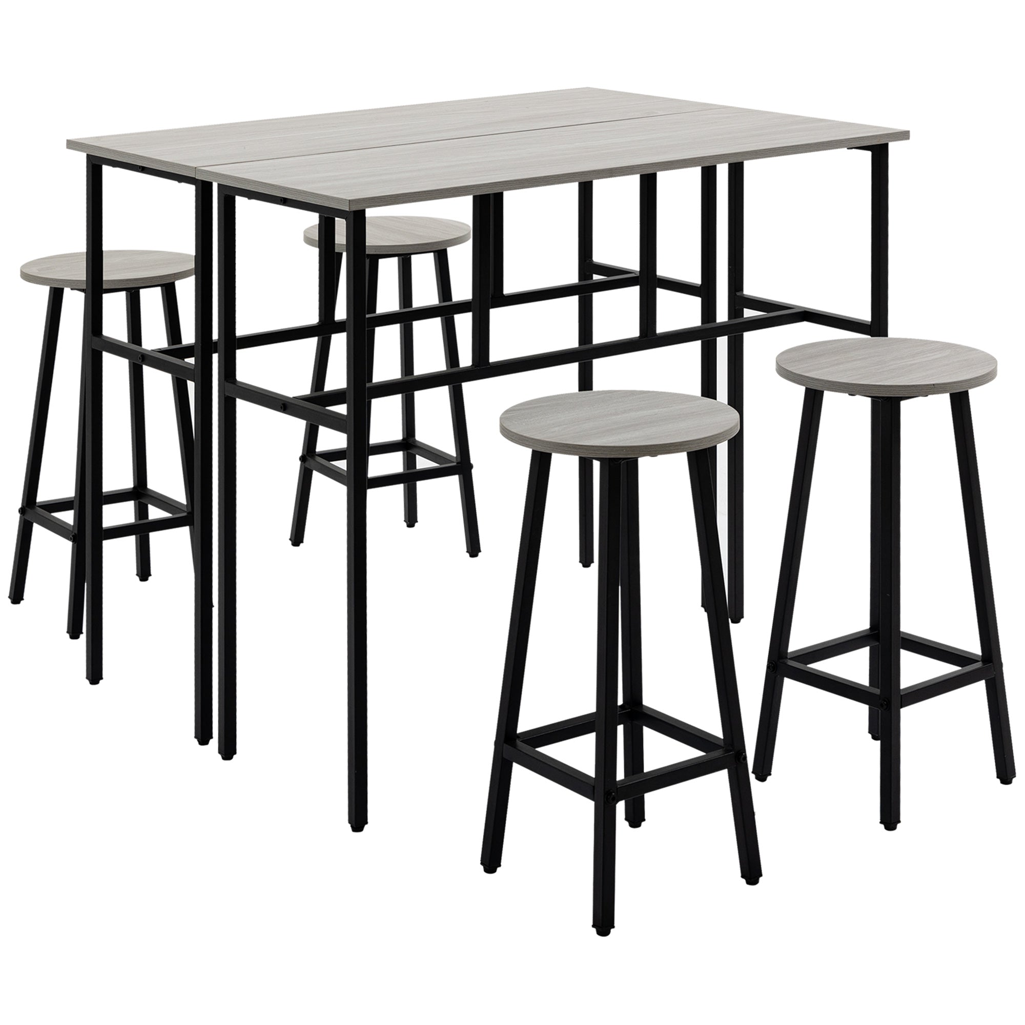 Dining Set, 6-Piece with 2 Bar Tables and 4 Stools, Industrial Design, Gray and Black Chipboard and Steel