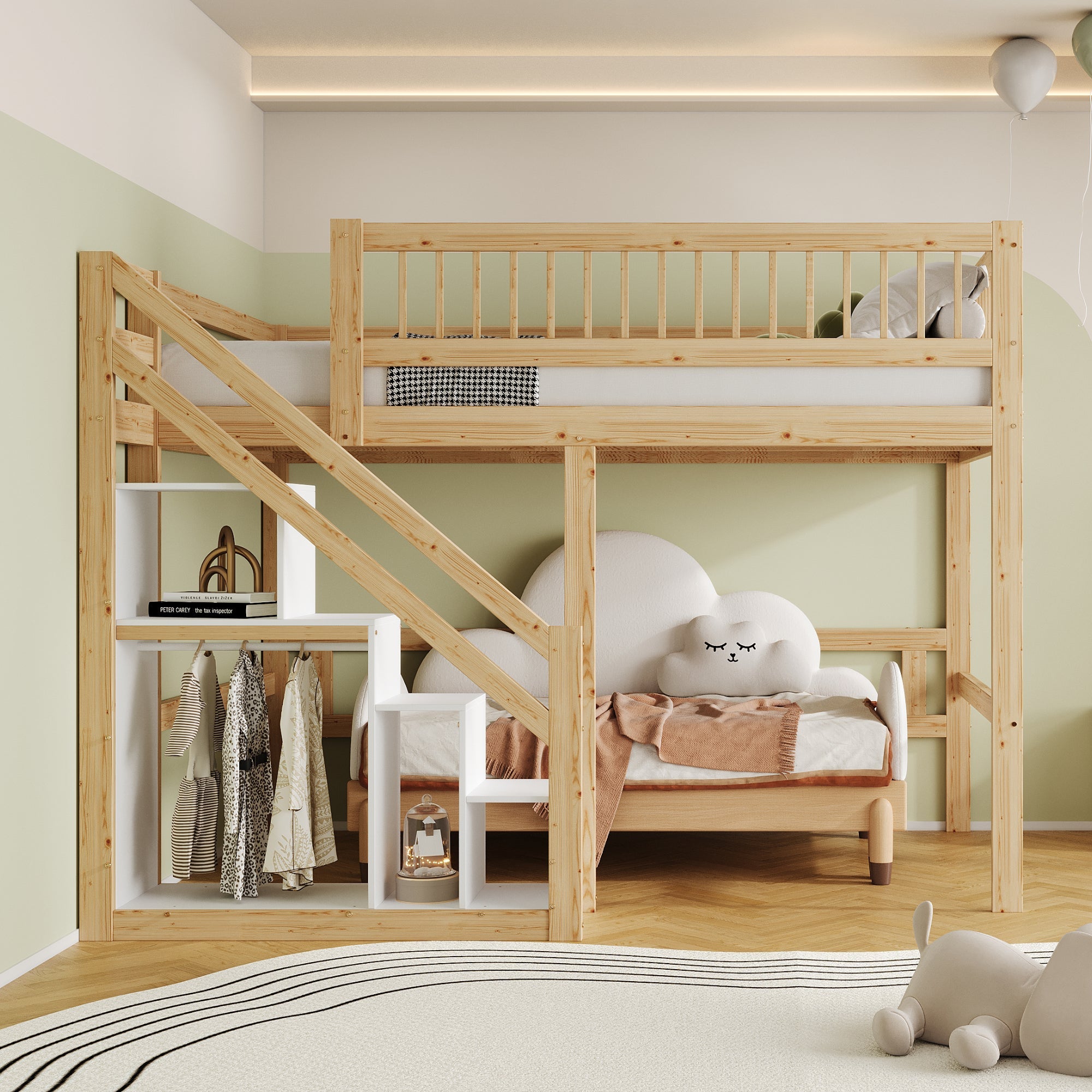 Solid wood bed 140*200, stairs with storage, high railing, wood colour