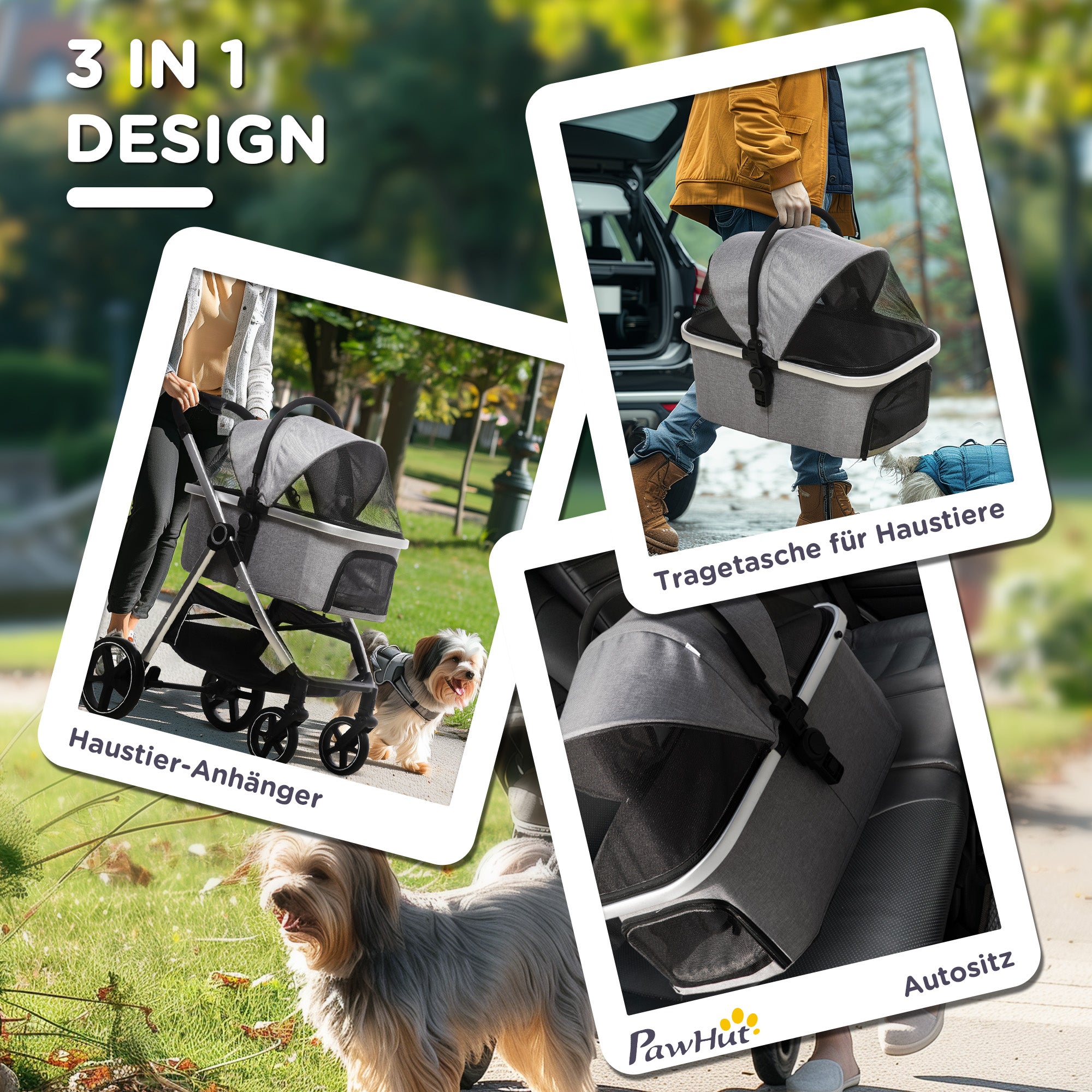 Dog Stroller 2-in-1 Foldable, Brakes, Mesh Window, Light Grey