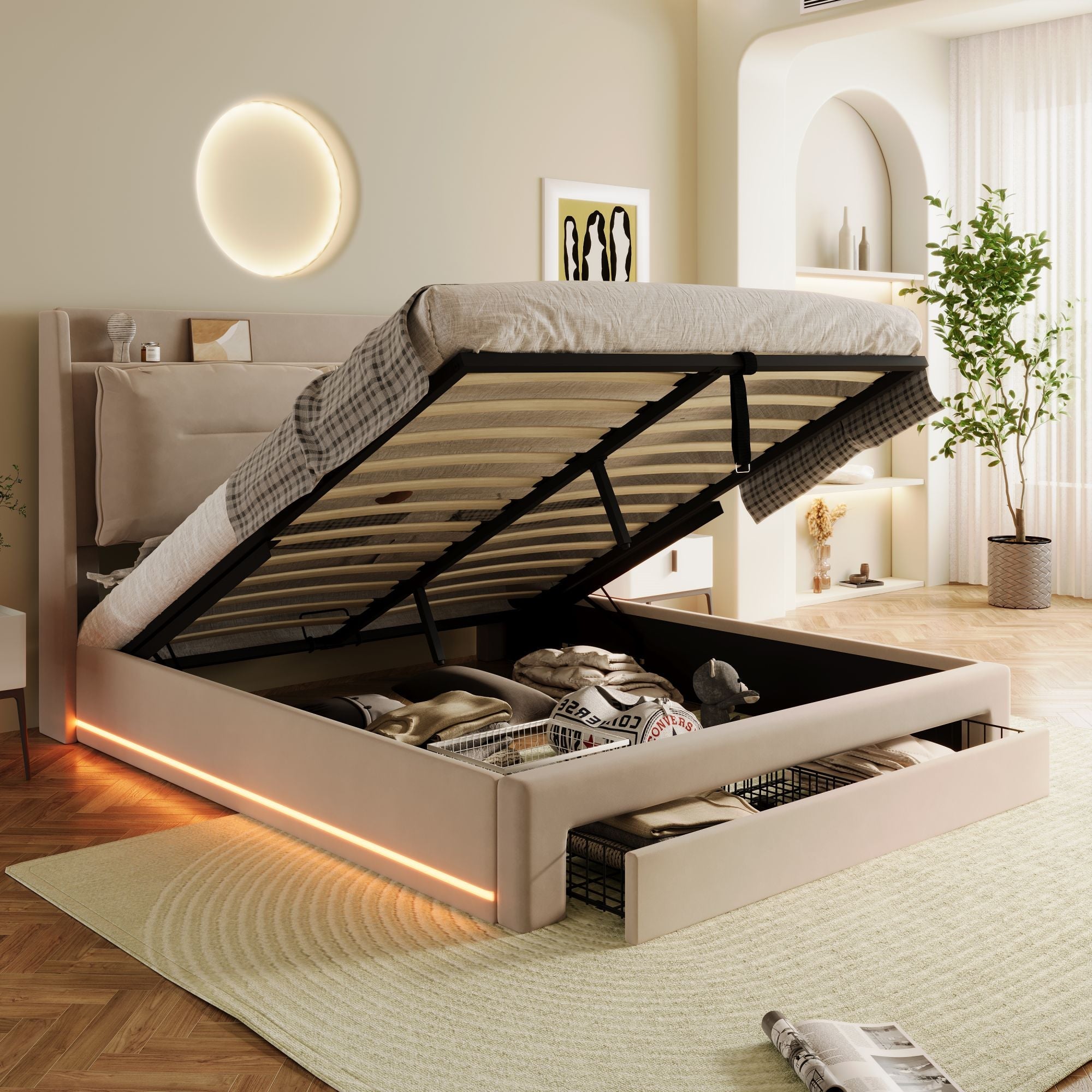 Upholstered Bed, 150x200 (5ft) King Size, Hydraulic with 2-in-1 End Storage Drawers & LED Strips, Velvet Beige