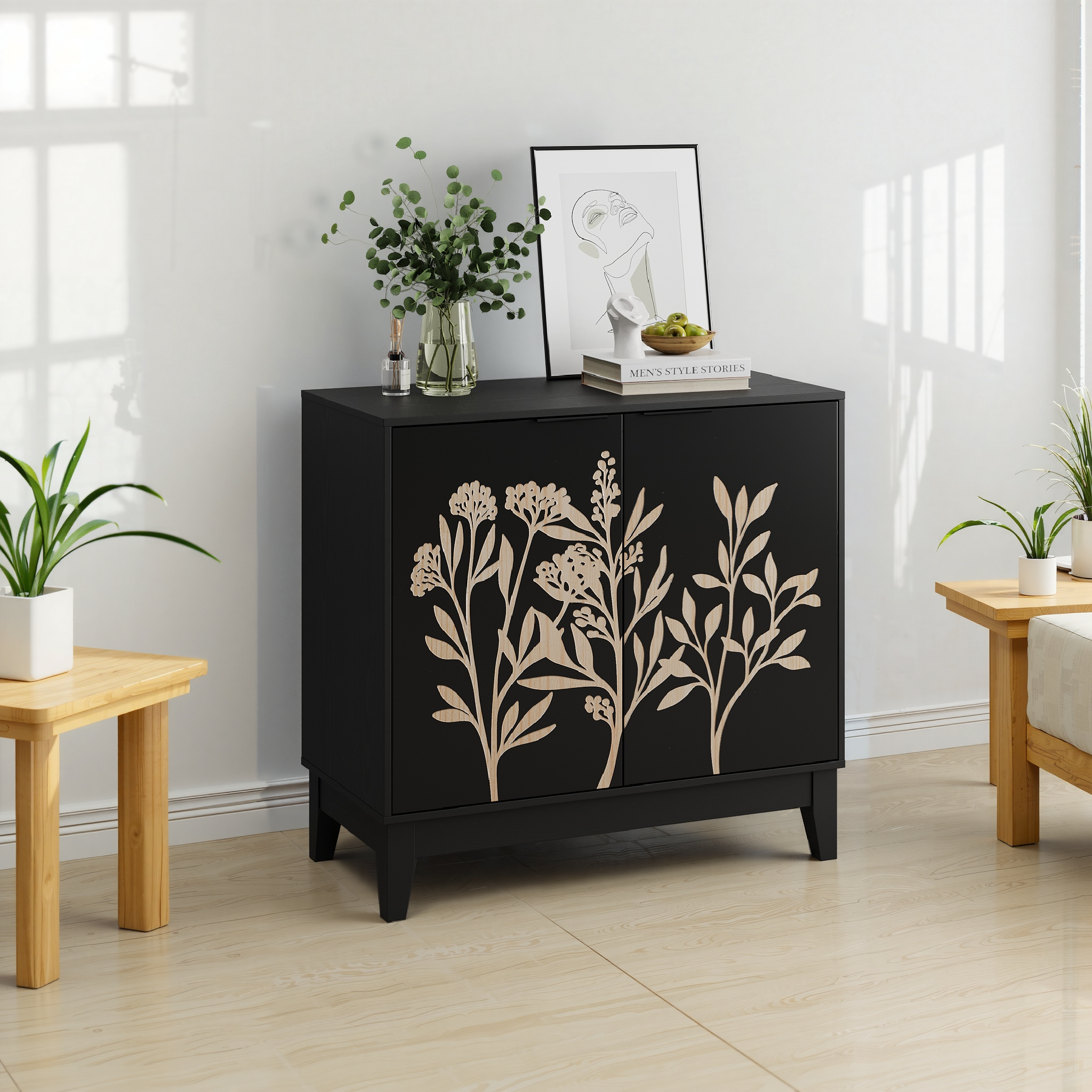 Vintage Buffet Cabinet, 80cm, 2 Doors, Adjustable Shelves, Carved Wood