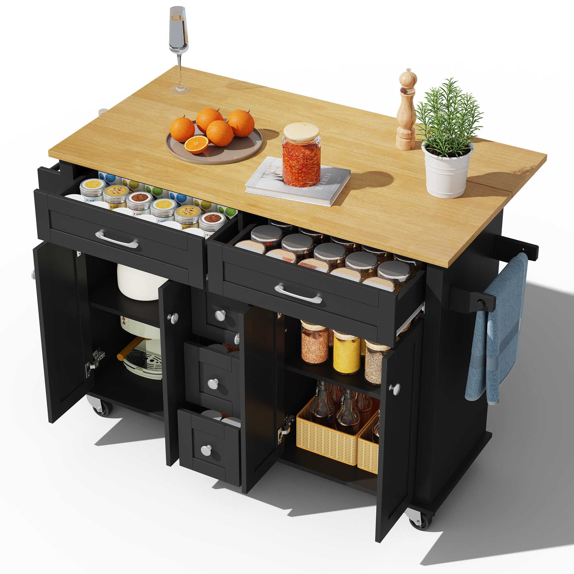 Multifunctional Kitchen Island Mobile Trolley with Extendable Worktop, 5 Drawers & Spice Rack