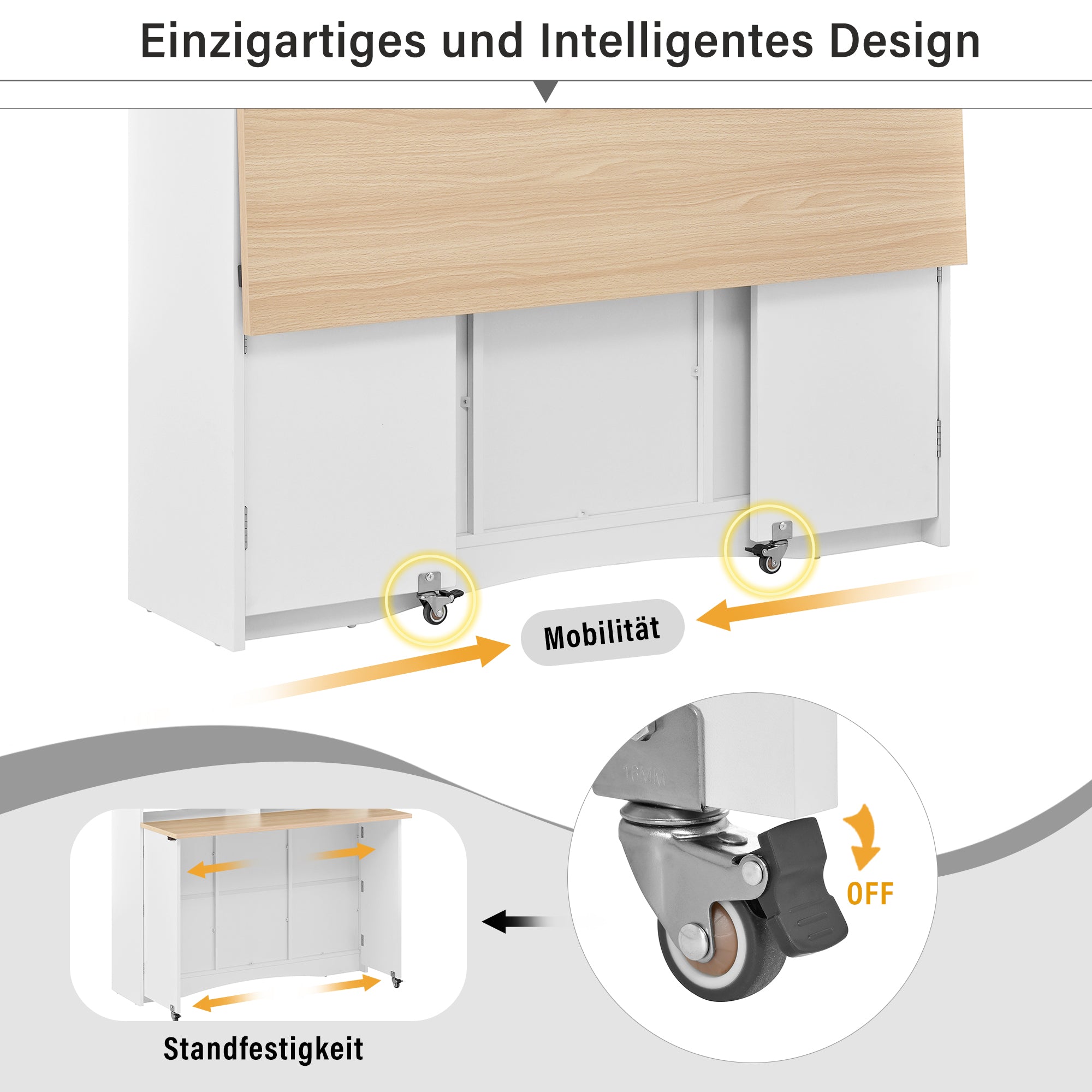 Kitchen Island on Wheels Extendable Dining Area Storage with Chairs - White