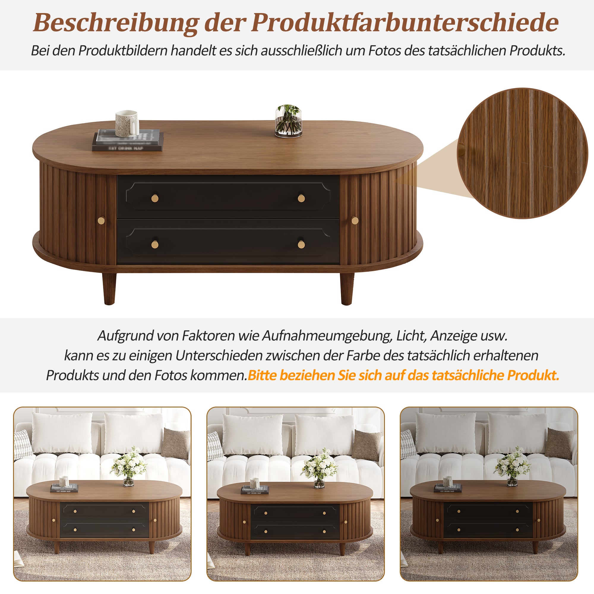 Coffee Table with 2 Drawers and Roll-up Doors, Walnut and Black