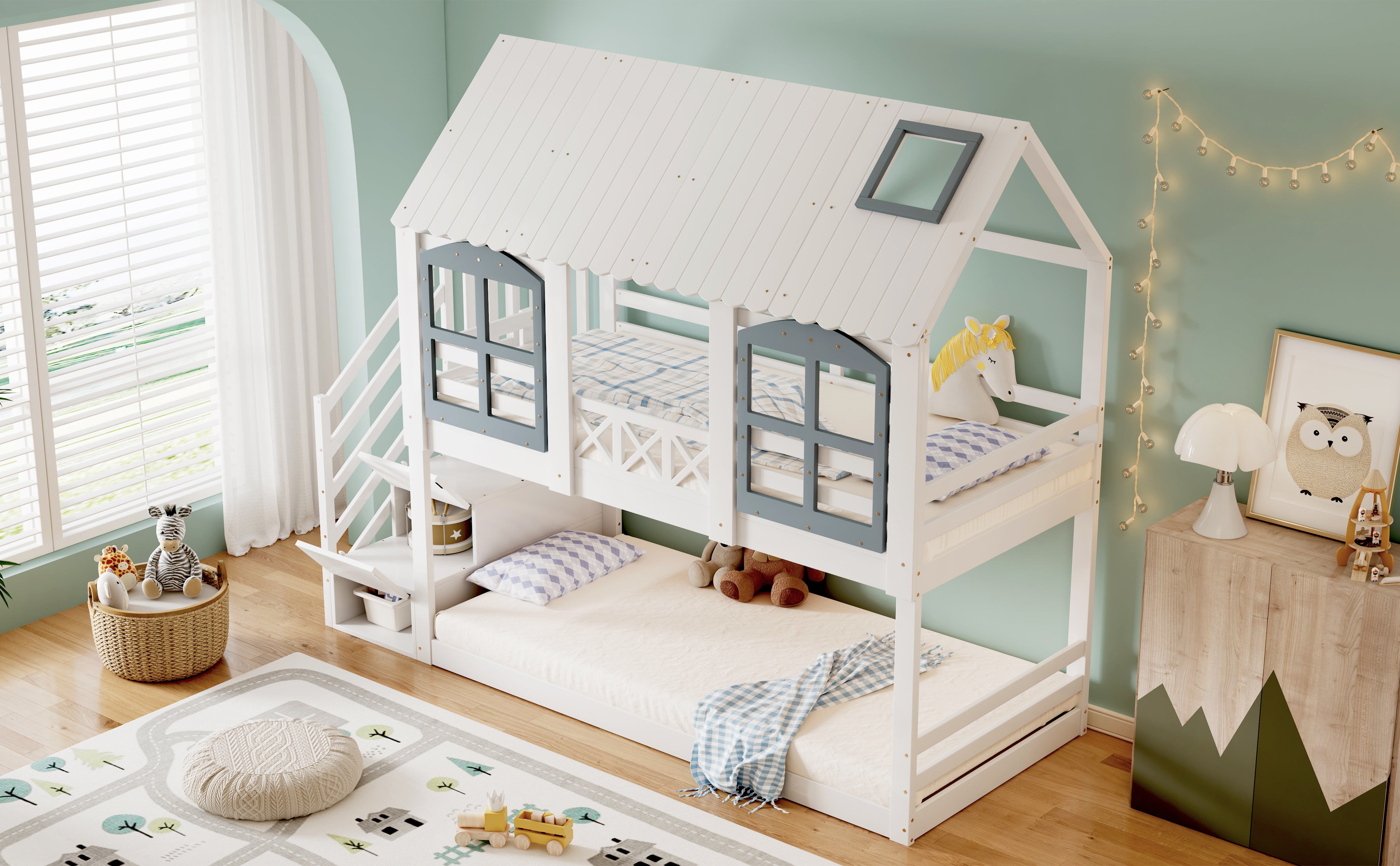 Bunk Bed with Roof & Window, Safety Gate & 3 Stair Lockers, 90x200cm Pine+MDF White+Grey