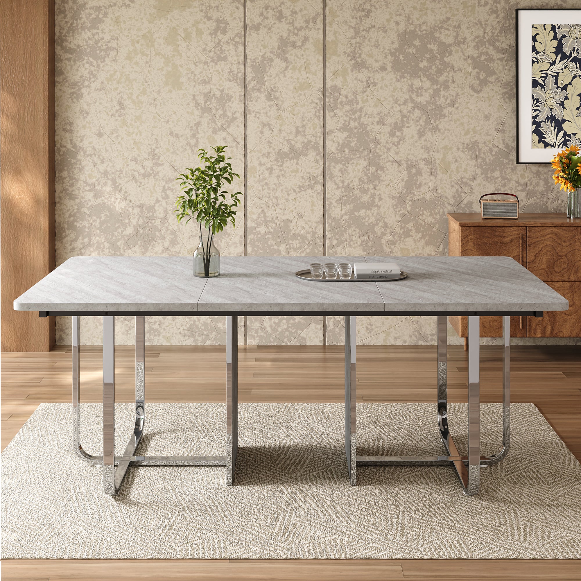 Dining Table 180x80cm Rectangular 6-Seater Metal Legs - Grey/Silver