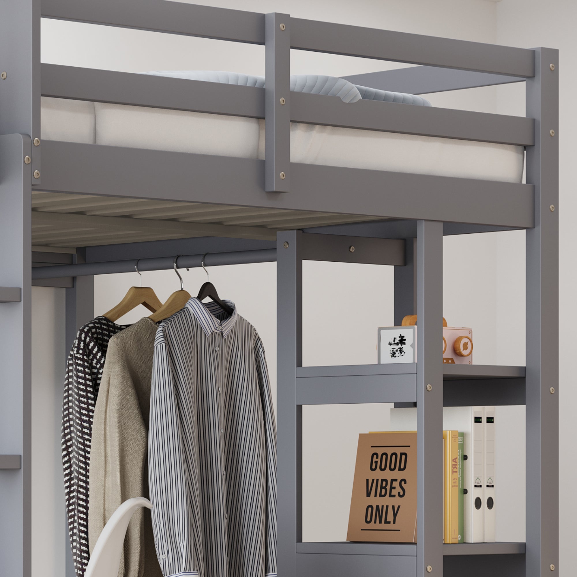 Loft Bed with Ladder, Table & Shelves, 140x200 cm, Solid Wood Grey