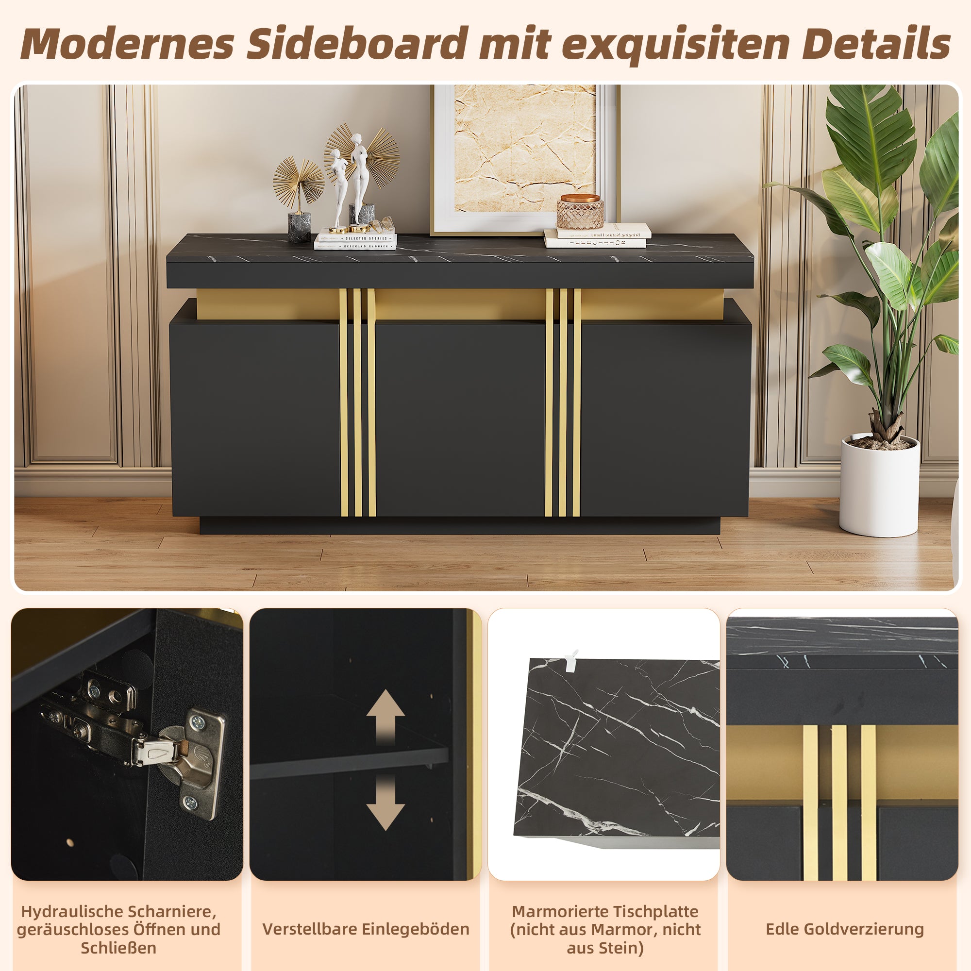 Sideboard, Display Cabinet with 3 Doors, Adjustable Dividers, Black and Gold