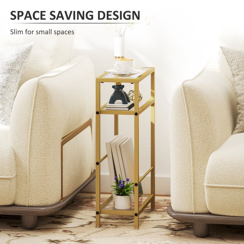 3-Tier Side Table with Storage Shelf and Tempered Glass Tabletop, Gold Tone
