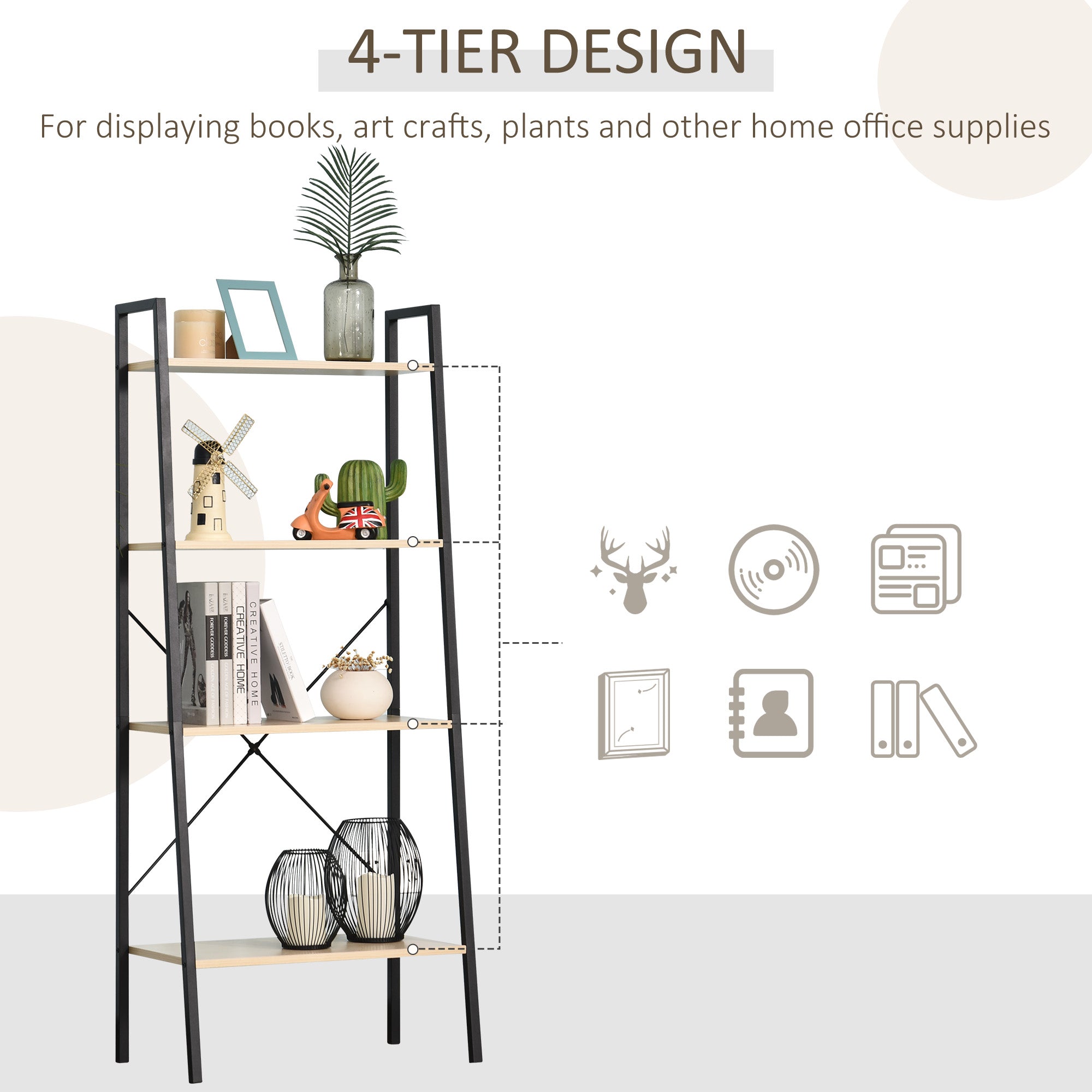 Ladder Shelf Bookshelf 4-Tier Industrial Storage Rack, Oak and Black