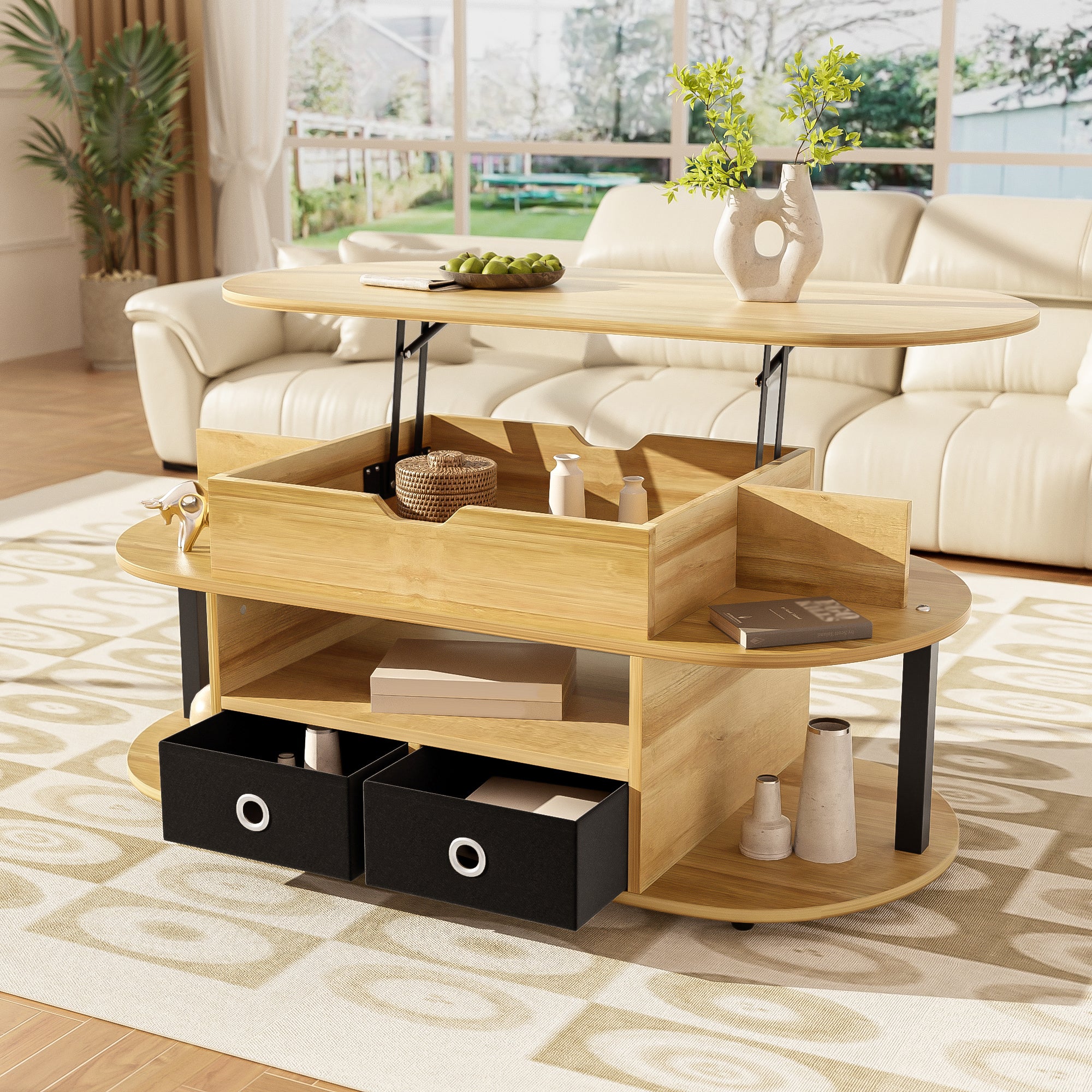 Modern Wood Grain Coffee Table with Lifting Function, Storage, and Black Fabric Drawers