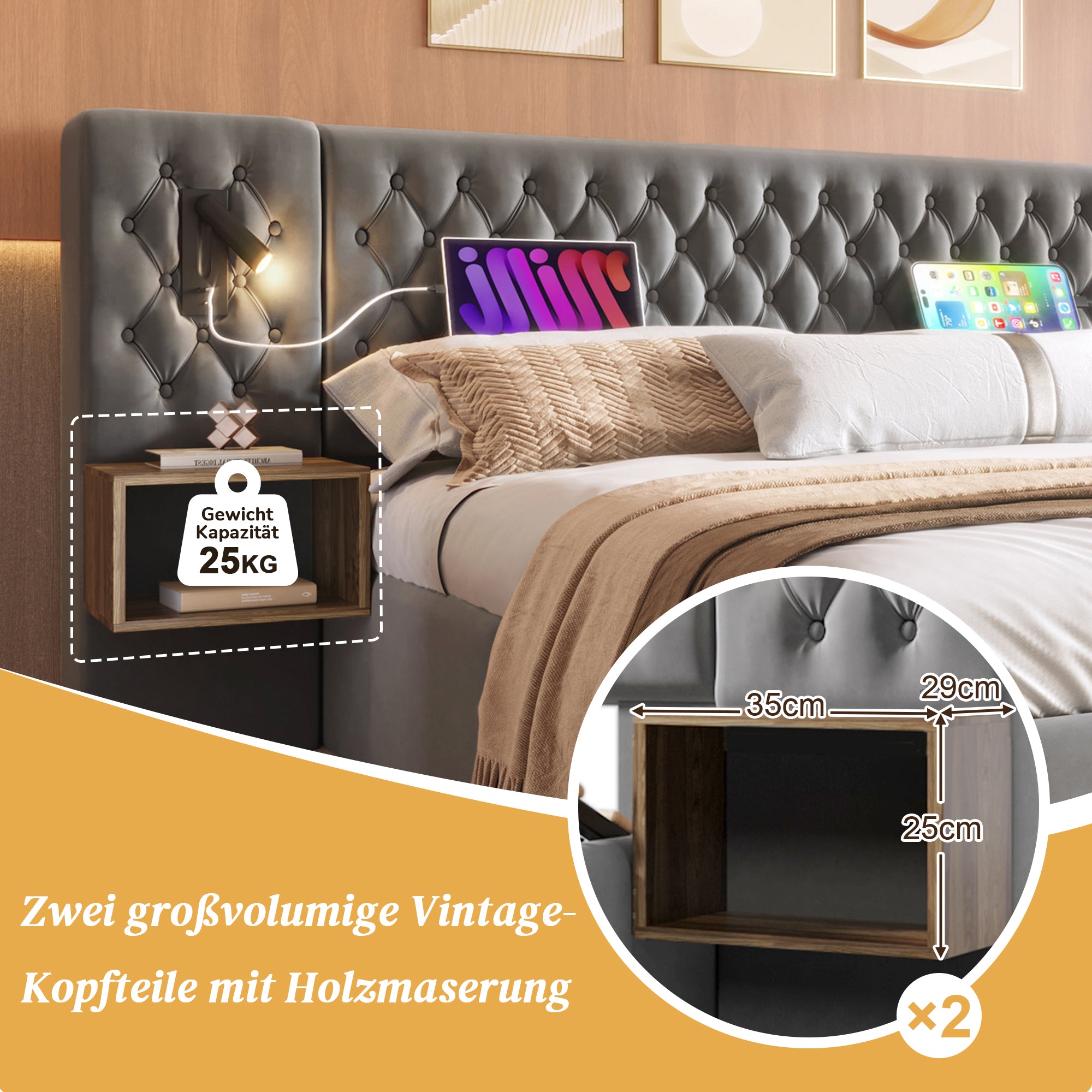 Bedroom Set, Upholstered Double Bed 160×200 cm with 2 Nightstands & 4 Drawers, Headboard Reading Light with USB Charging, Gray Velvet (With Mattress)