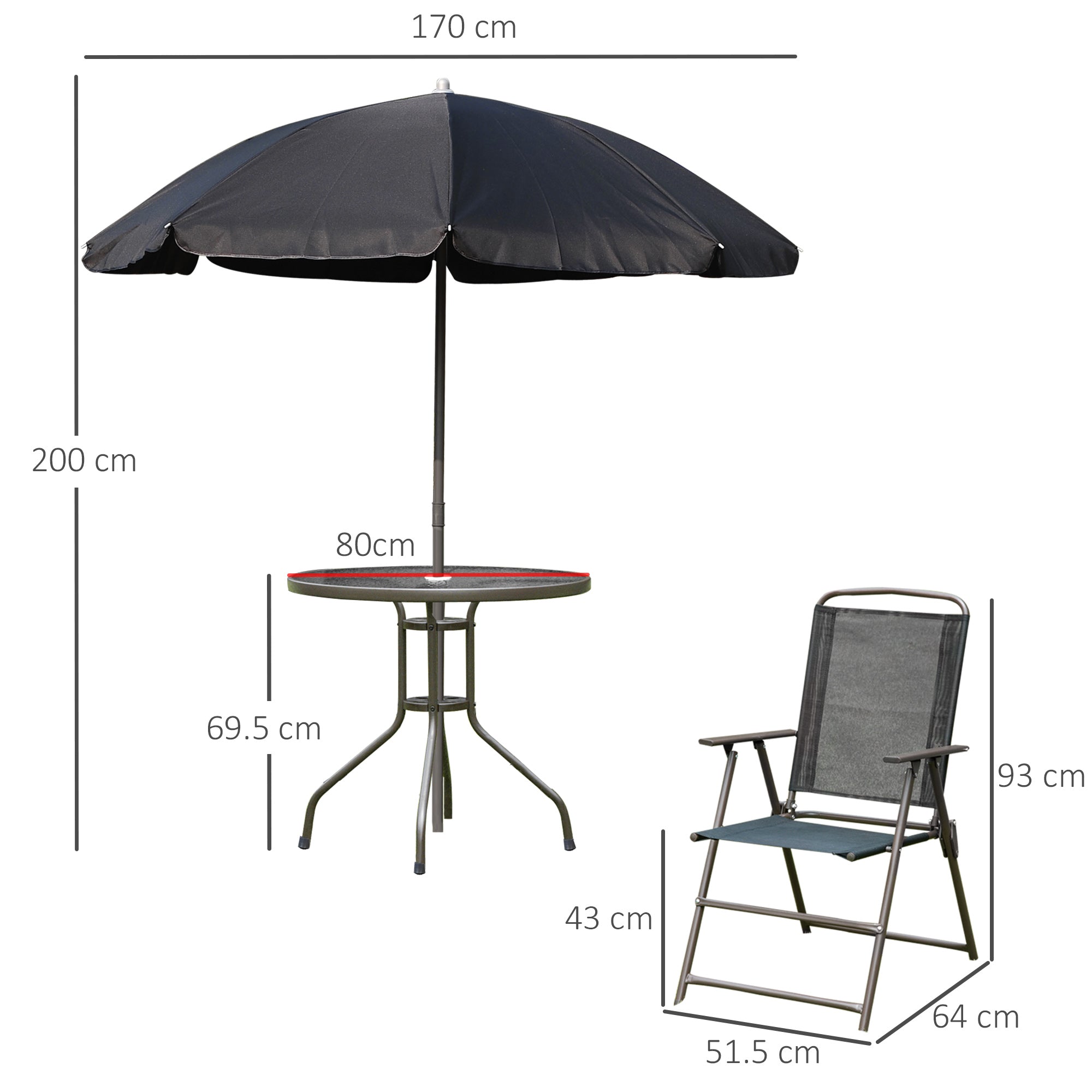 6 Piece Garden Dining Set with Umbrella, 4 Folding Chairs & Round Glass Table, Black