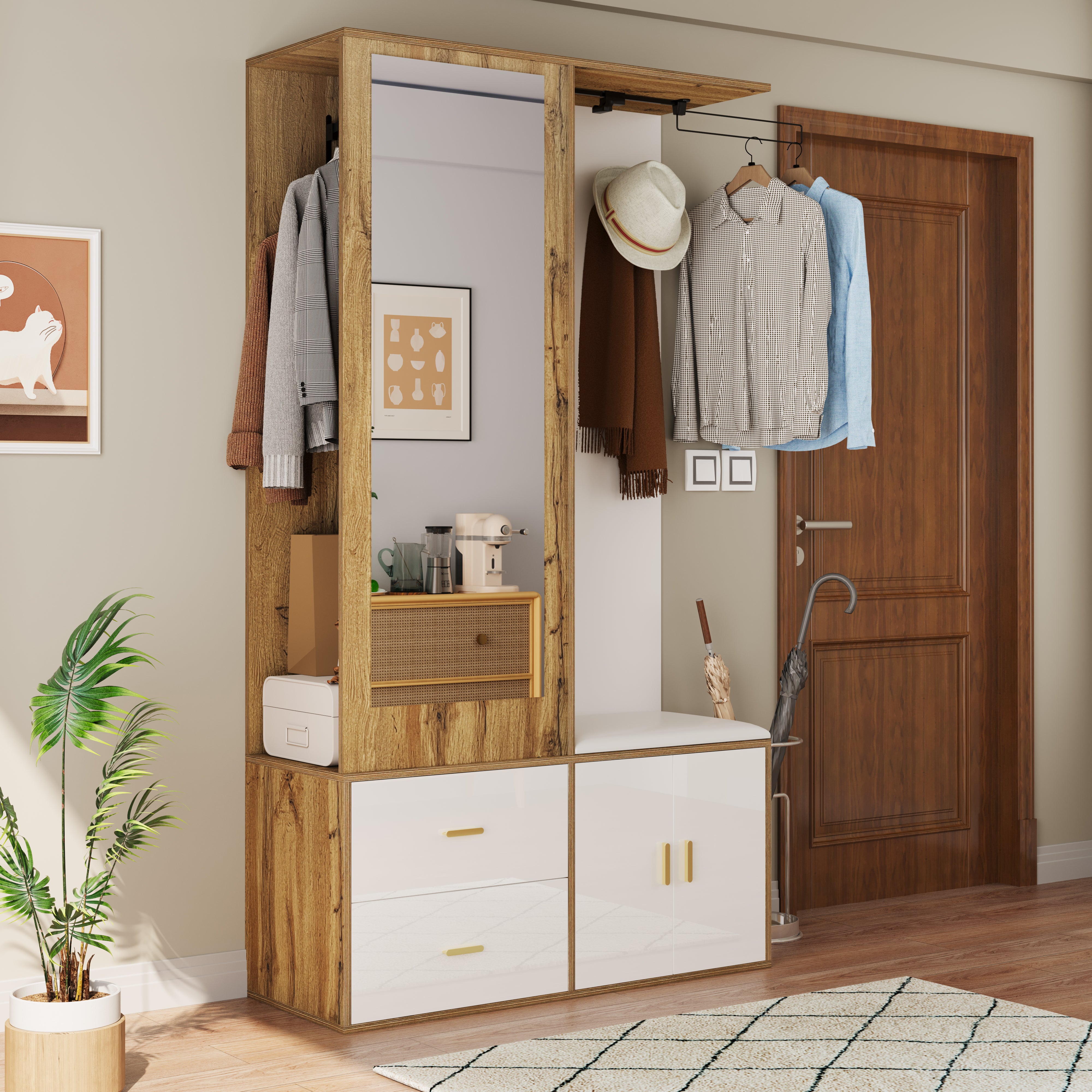 Wardrobe Set with Mirror, Shoe Cabinet & Bench, White and Wood