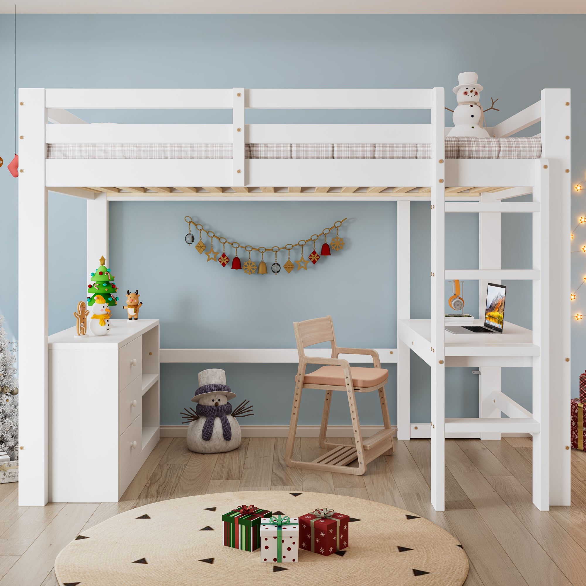 Children's Loft Bed Desk Storage Ladder, White Pine + MDF