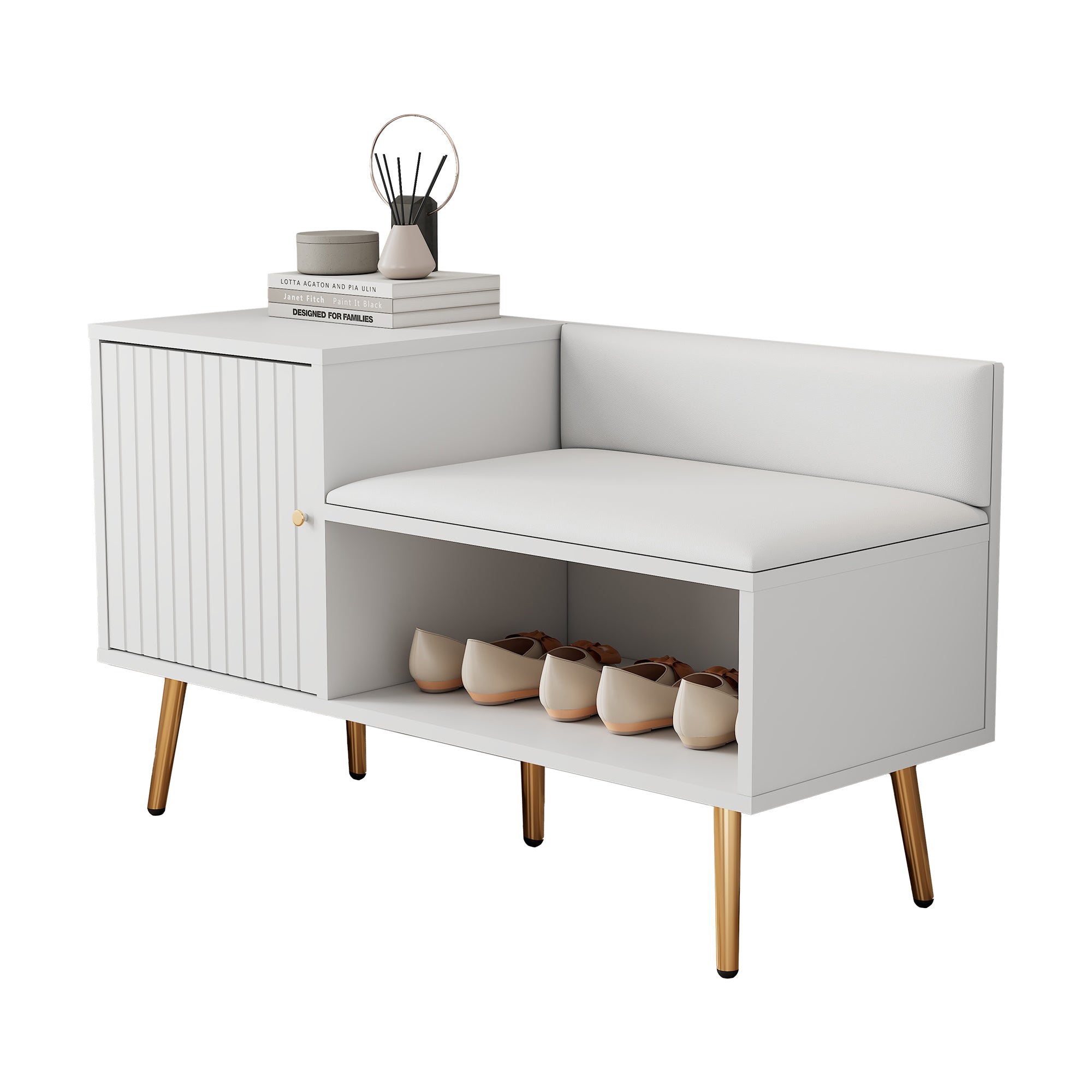 modern luxurious shoe chest with storage, upholstered bench, backrest, metal handles and legs, white