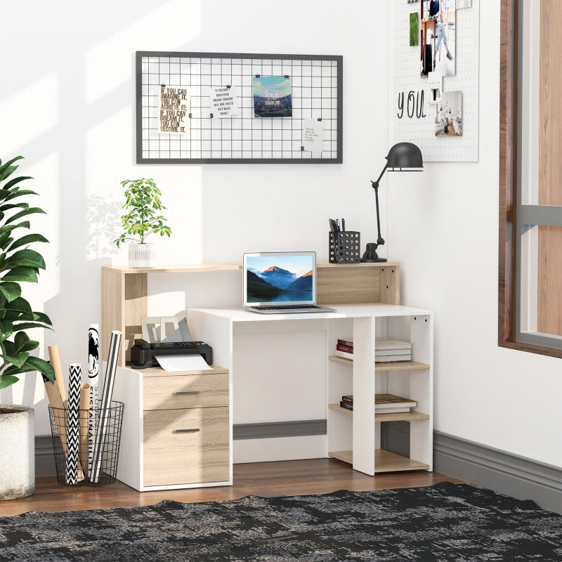 Computer Desk with Drawers, Storage Shelves, Printer Stand, 137 x 55 x 92cm, Oak