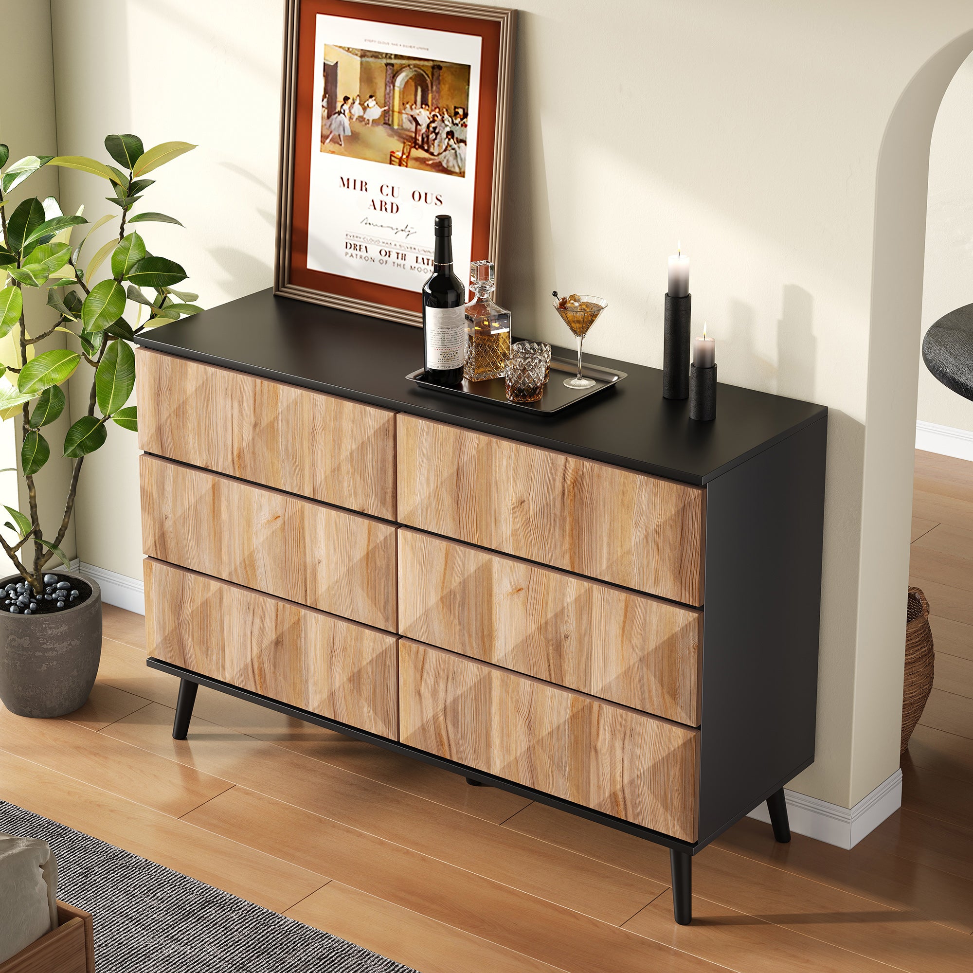 Sideboard and Chest of Drawers, Raised Doors, Black and Natural Wood