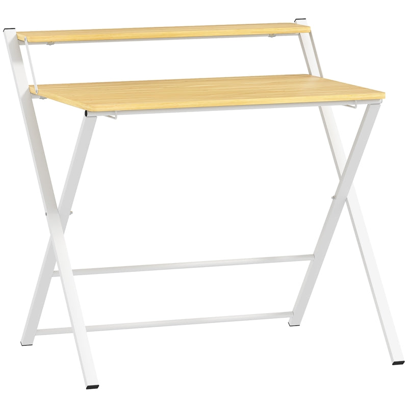 Folding Desk, Space-Saving Computer Desk with Storage Shelf and 2-Tier Study Table, Maple Wood-effect