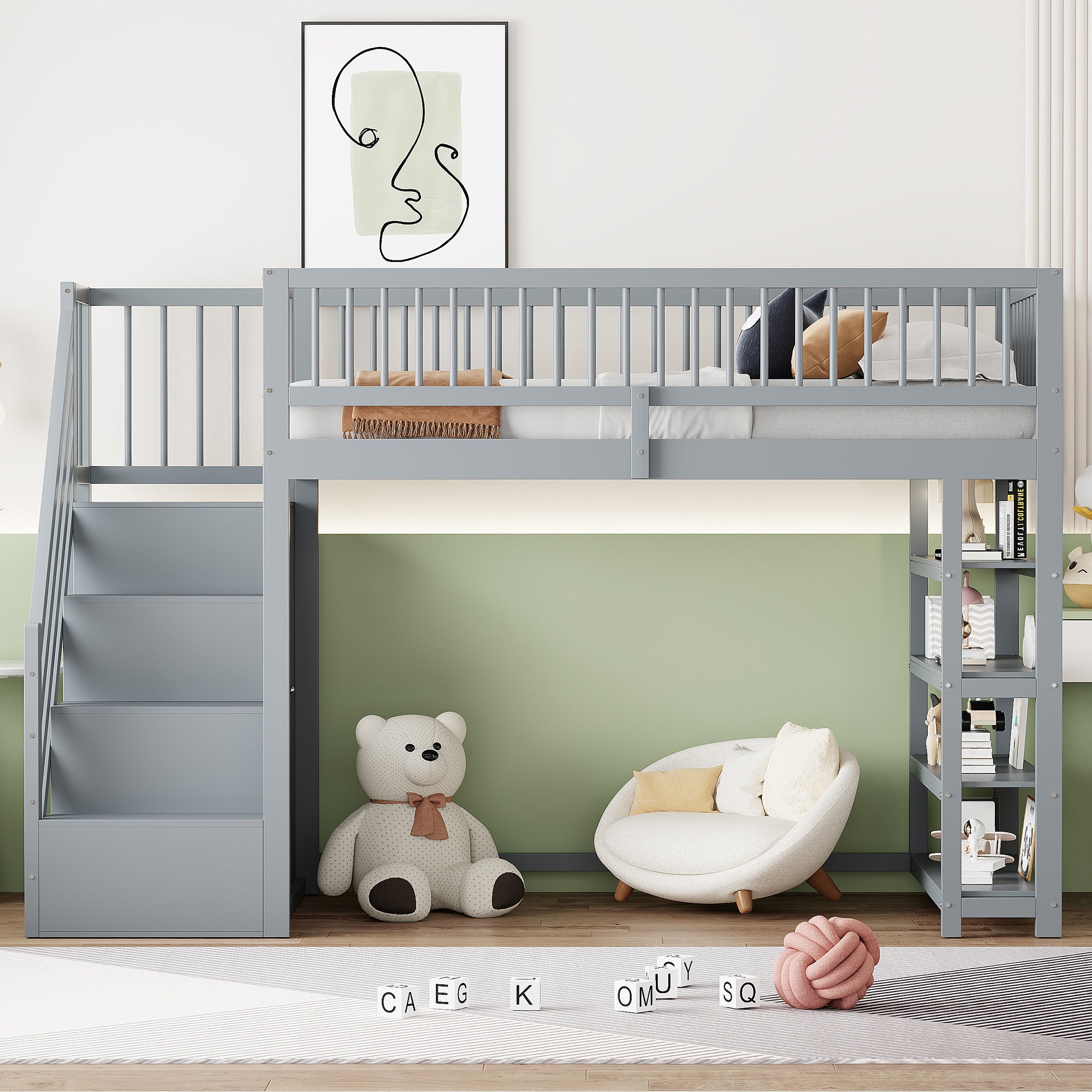 Loft Bed with Wardrobe, Shelves, Storage, Ladder, 90 x 200, Solid Wood, Grey