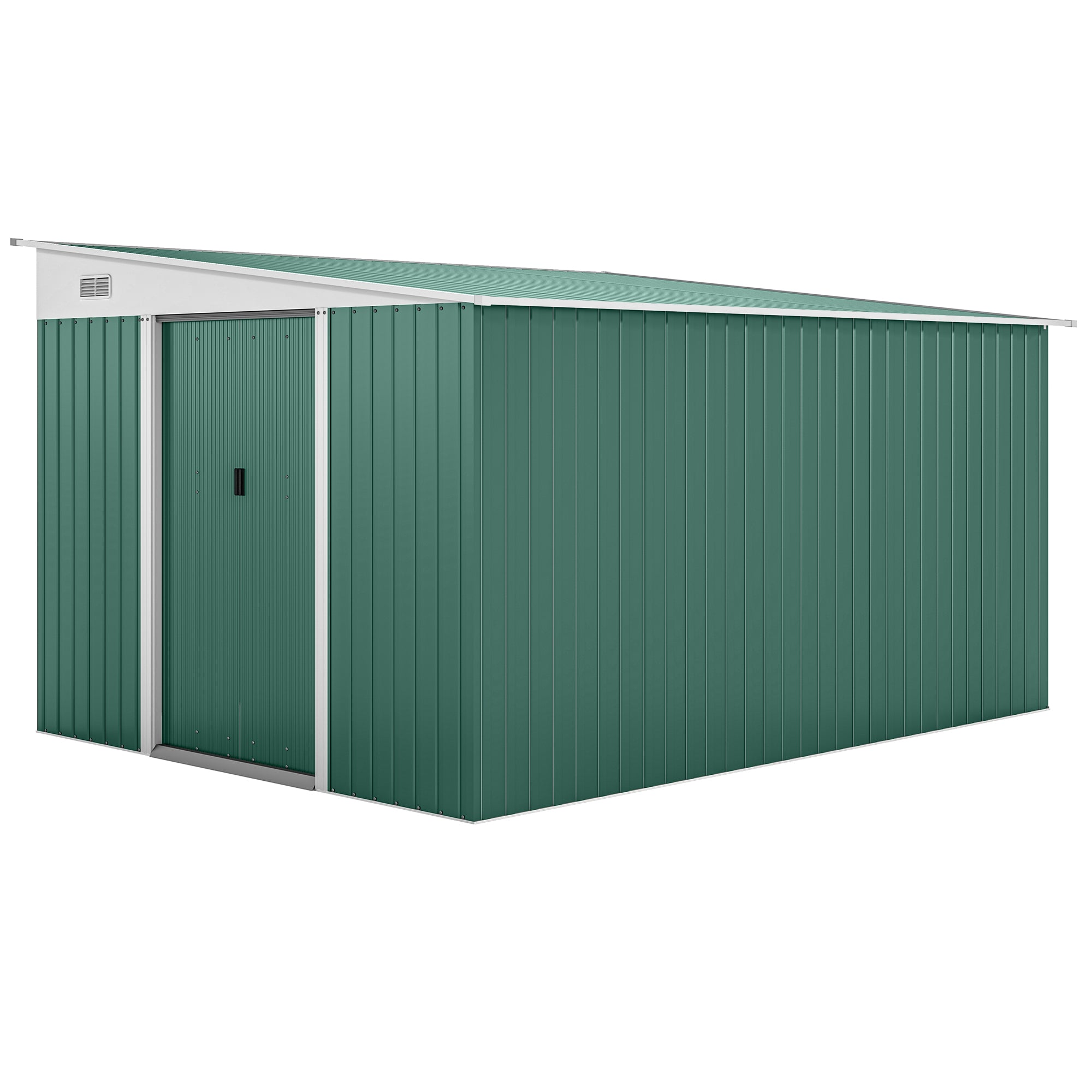 Garden Metal Storage Shed Double Sliding Doors 2 Air Vents 11.3x9.2ft Green