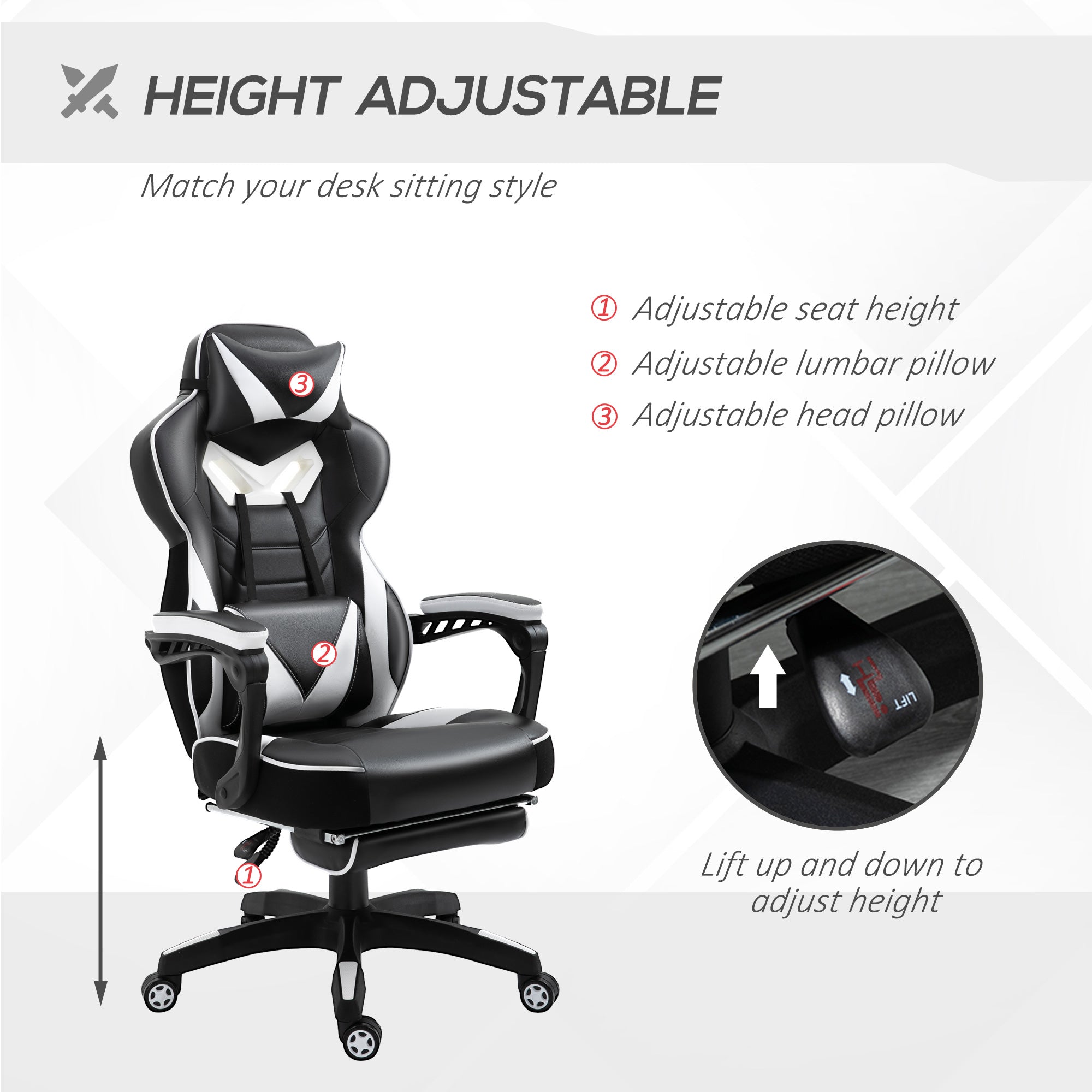Computer Gaming Chair with Lumbar Support, Footrest, and Headrest, White PU Leather