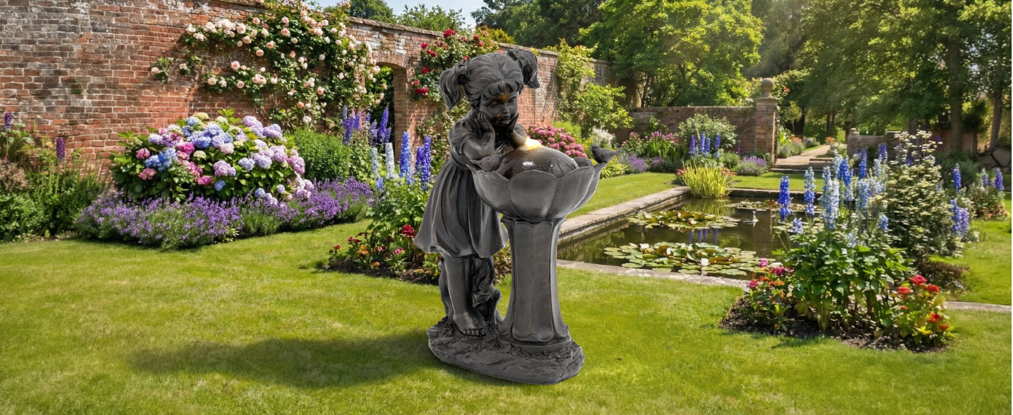 Girl Figurine LED Outdoor Fountain with Tranquil Water Feature, 65.5 cm, Copper Color